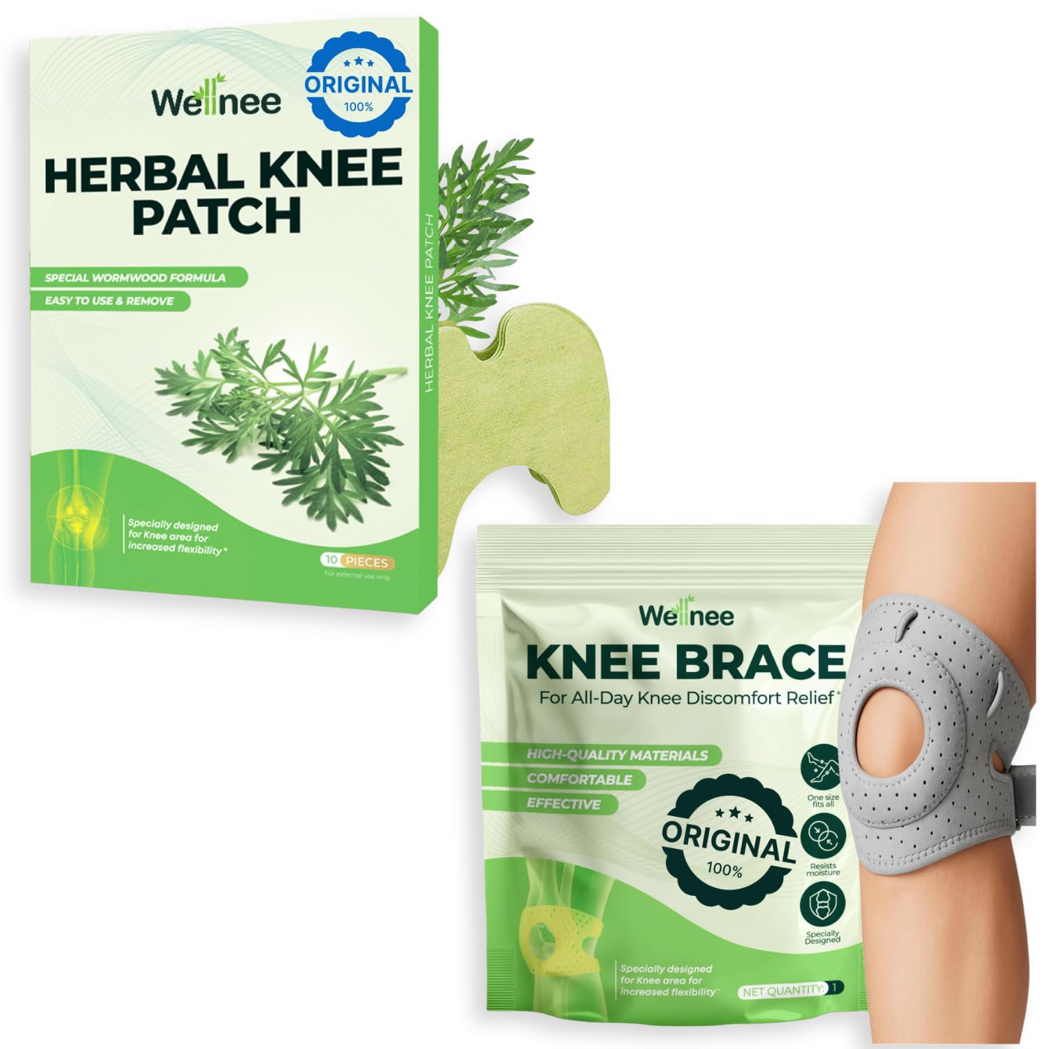 Wellnee Knee Support & Pain Relief Bundle – Herbal Knee Patch + Compression Knee Brace with Silicone Padding – Natural Joint Comfort, Stability & Recovery Support for Daily Use, Sports & Walking