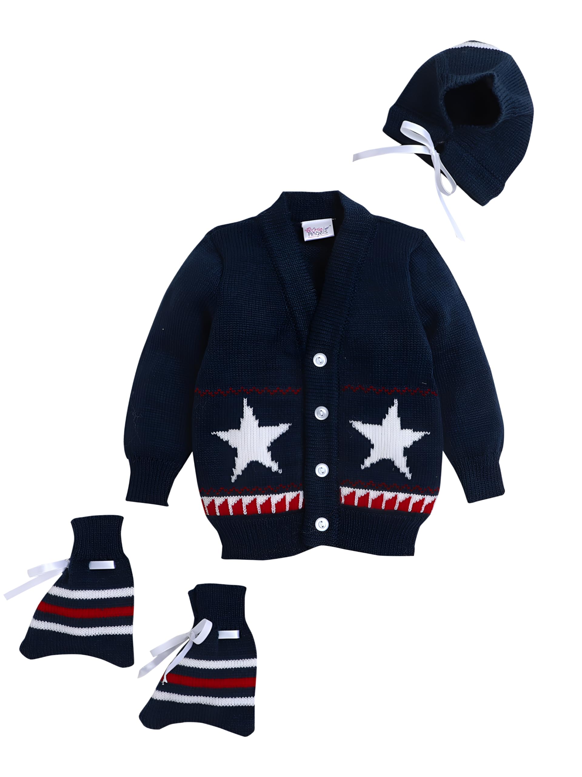 Baby Woollen Sweater Set | 3 Piece Winter Outfit for Infants | Full Sleeves V-Neck Jacquard Star Design Sweater with Matching Cap & Socks | Soft, Warm & Comfortable (0-12 Months)-image-16