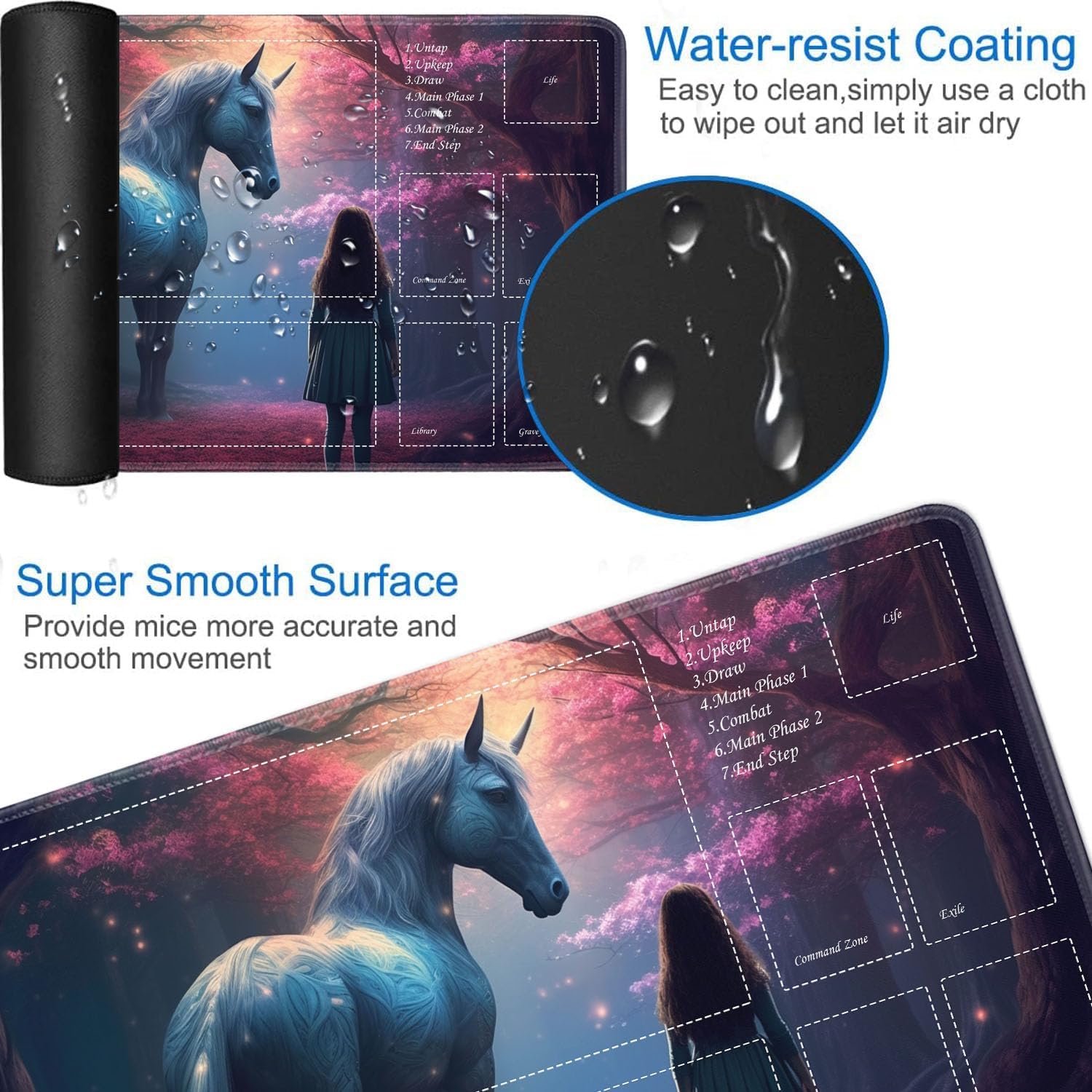 JVGFYNKL for TCG Playmat, Playmat with Zones, 24x14 in Non-Slip Rubber for MTG Playmat with Drawstring Travel Pouch and 6 Dice, Little Girl with White Horse for MTG Mat, Card Game Playmats