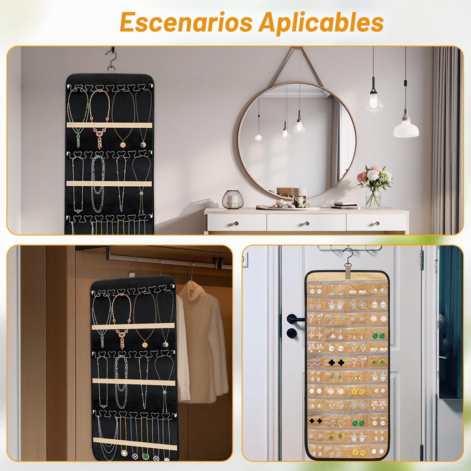 Organizador de Joyas Colgante Doble Cara 48 Bolsillos Ganchos Metal para Armario Pendientes Collares Anillos