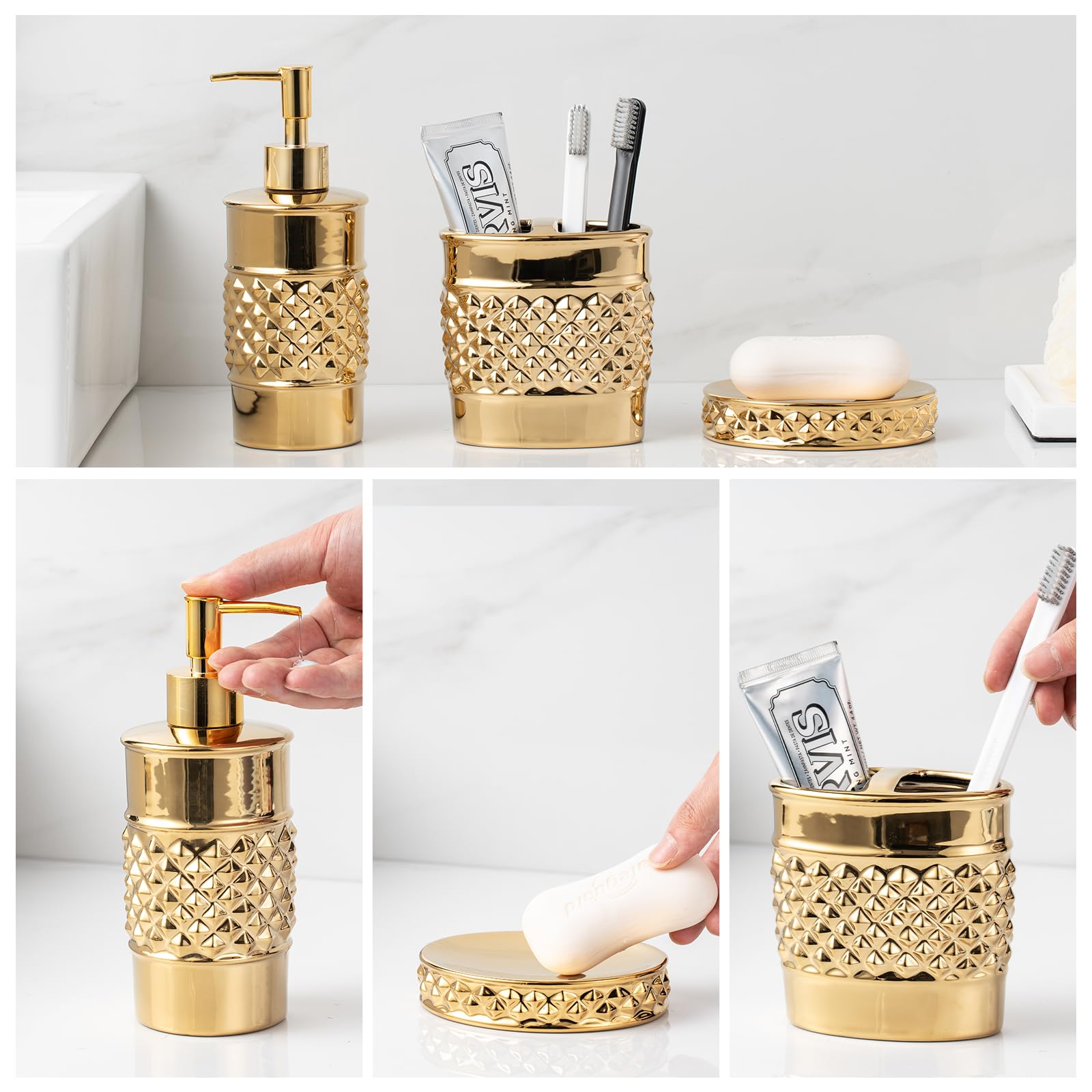 Bathroom Accessory Set, 3-Piece Ceramic Bath Accessories Set with Tray, Lotion Dispenser, and Tumbler