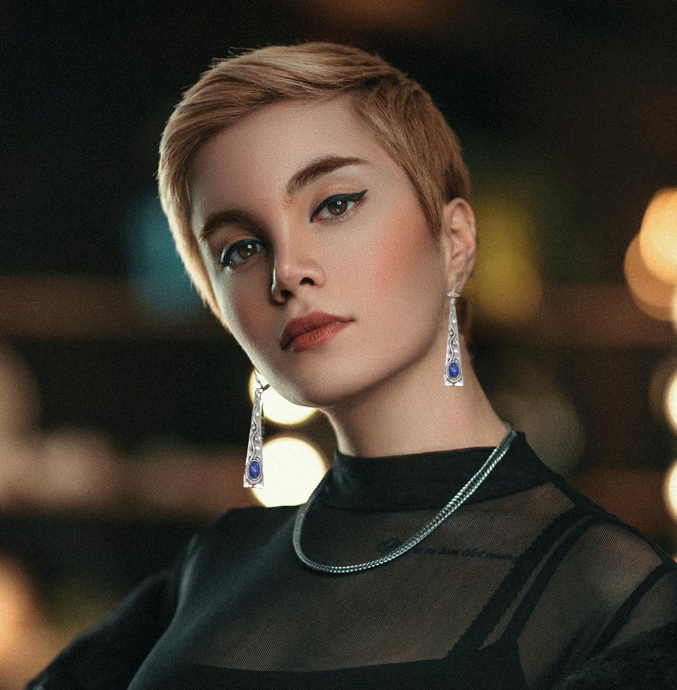 Vintage Hammered Metal Geometry Stone Long Dangle and Drop Earings - Image 2