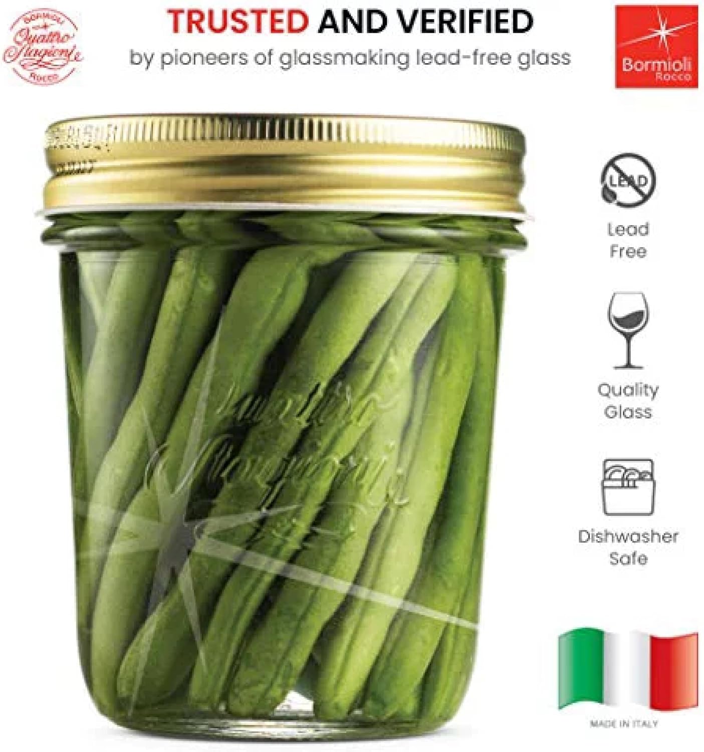 Bormioli Rocco Quattro Stagioni Mason Jar (Set of 6) - 10.75 Oz Wide Mouth Glass Jar with Airtight Twist Lid - Classic Beehive Embossed Design for Canning, Storage & Recipes - Made in Italy, BPA Free