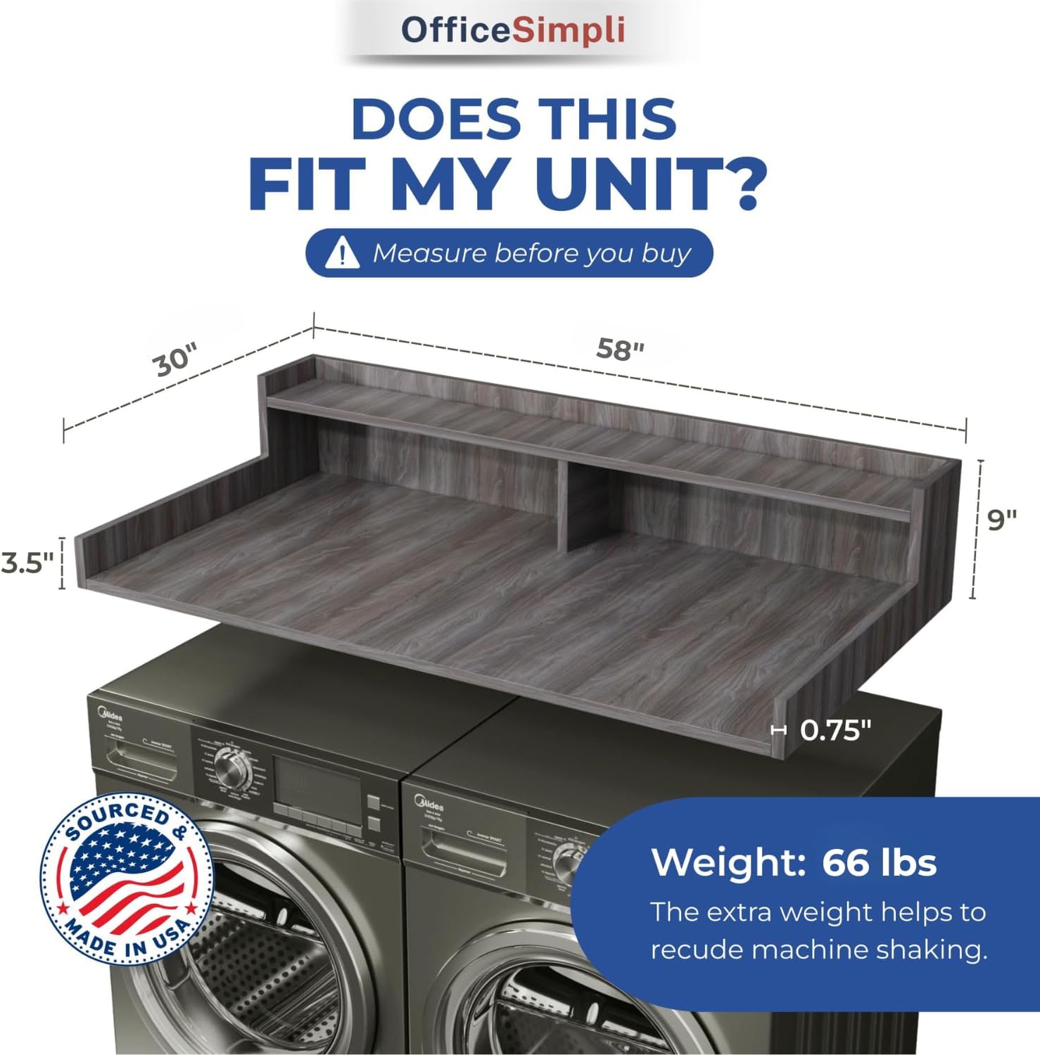 officesimpli large washer dryer countertop with shelf - 30 x 58 inch - made in usa laundry countertop over washer and dryer with non-slip pads, storage shelf, laundry topper organizer, iconic maple iconic maple 2 tier (30" x 58")