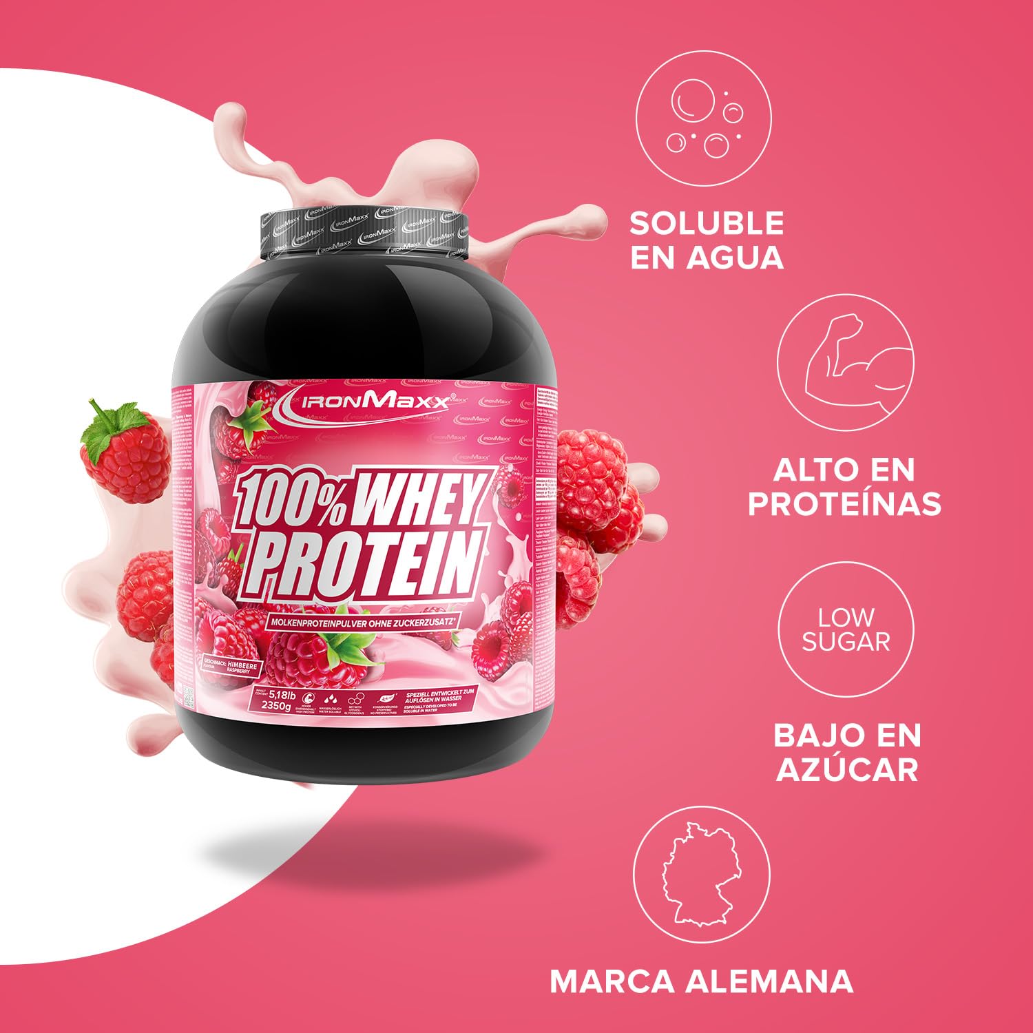 IronMaxx Proteina de Suero 100% Whey en Polvo 2350 g Sabor Frambuesa - Batido Proteico Cremoso con BCAA y EAA - Alto en Proteinas, Bajo en Azucar y Carbohidratos - Para Entrenamiento y Fitness