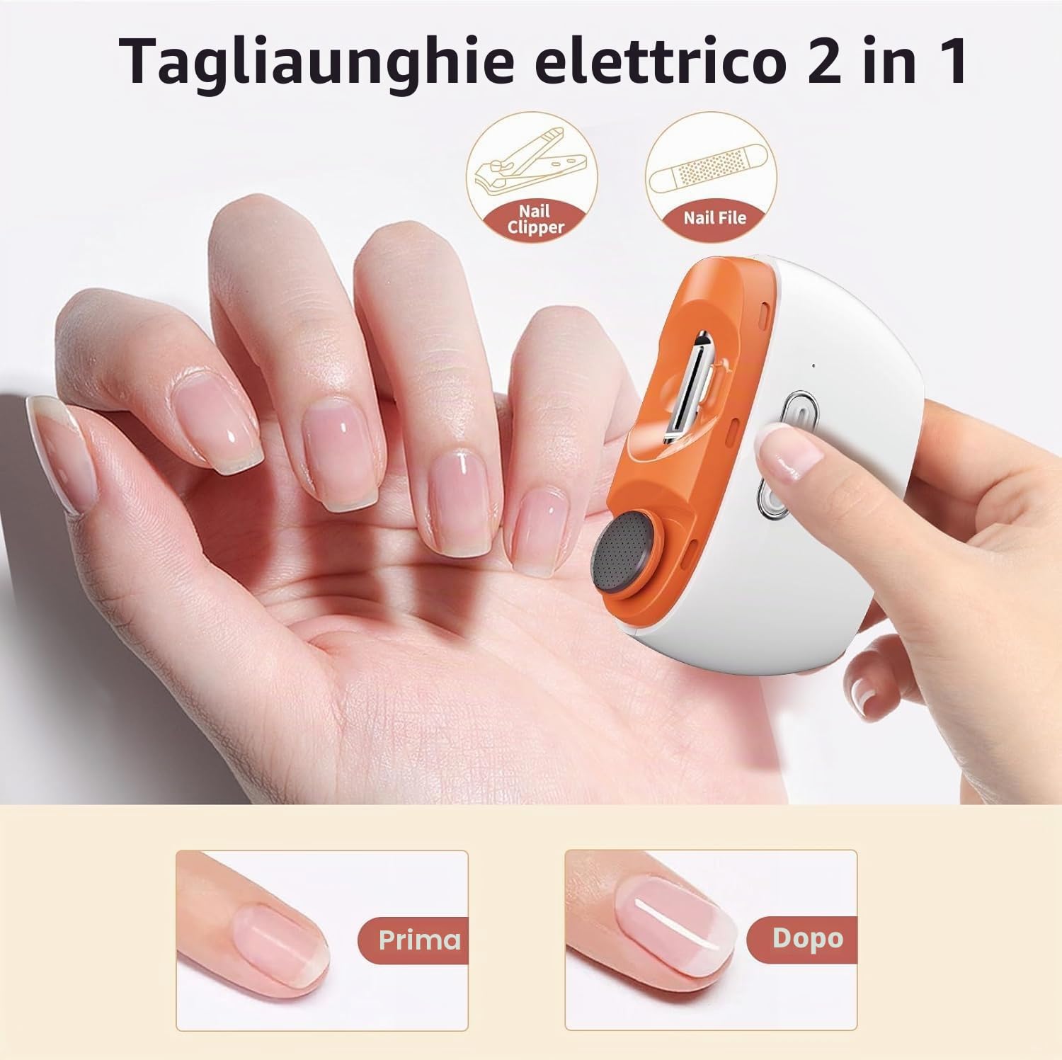 Tagliaunghie elettrico, 2 in 1, per unghie elettrico, ricaricabile tramite USB, con luce LED, adatto per neonati, bambini, adulti e anziani (arancione)