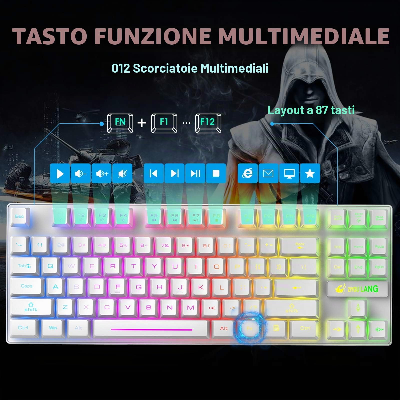 Combinazione mouse e tastiera da gioco wireless, 87 tasti arcobaleno retroilluminazione a LED batteria ricaricabile da 3800 mAh sensazione meccanica mouse muto impermeabile RGB (White)