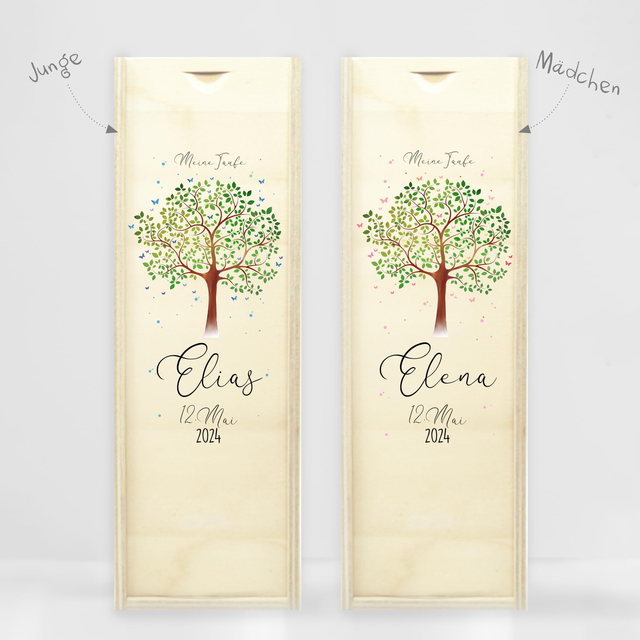 Wandtattoo Loft Taufkerze Junge oder Mädchen mit Taufspruch, Motiv Lebensbaum, 25x7cm und Aufbewahrungsbox, personalisierte Erinnerungsbox, Holzkiste mit Schiebedeckel, bedruckte Kerzenbox zur Taufe