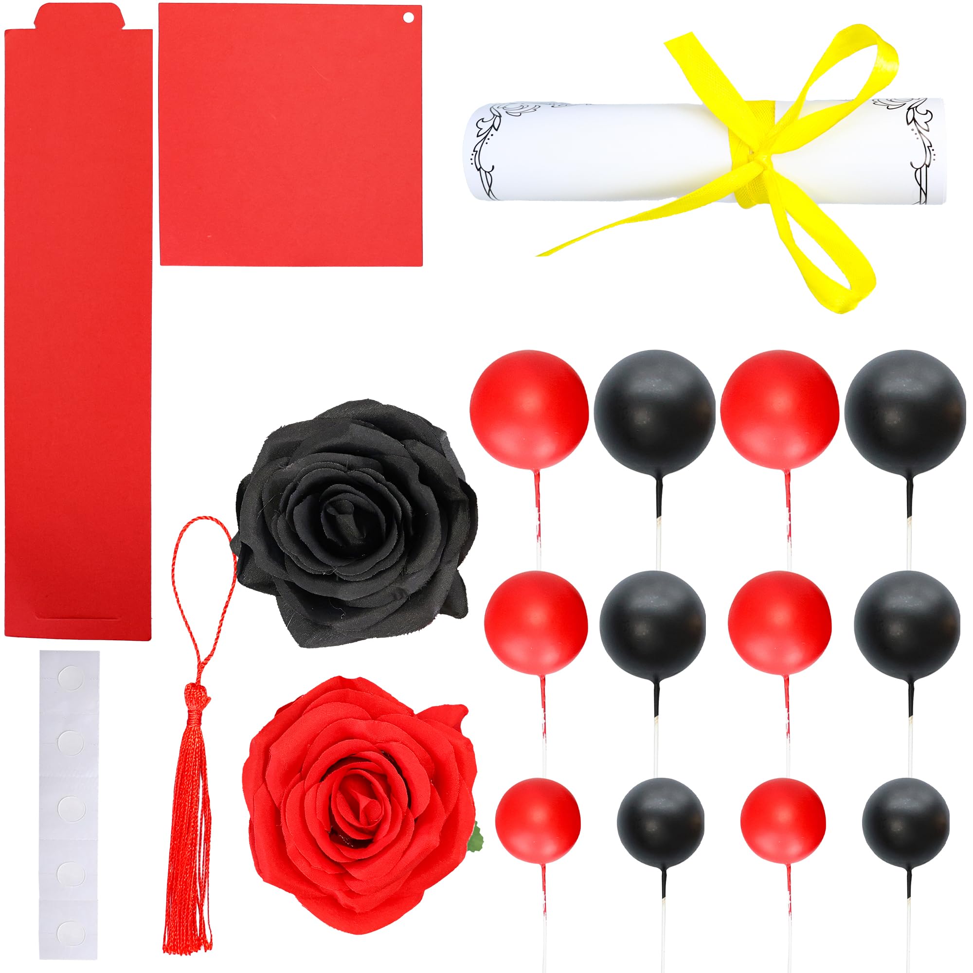 Gyufise 40Pcs 2025 Graduation Cake Topper Decoration Diploma Done Diploma Grad Cap Cake Pick Balloon Flower Prom 2025 Cake Decorations for Class of 2025 Congrats Grad Party Supplies Red Black - Image 3