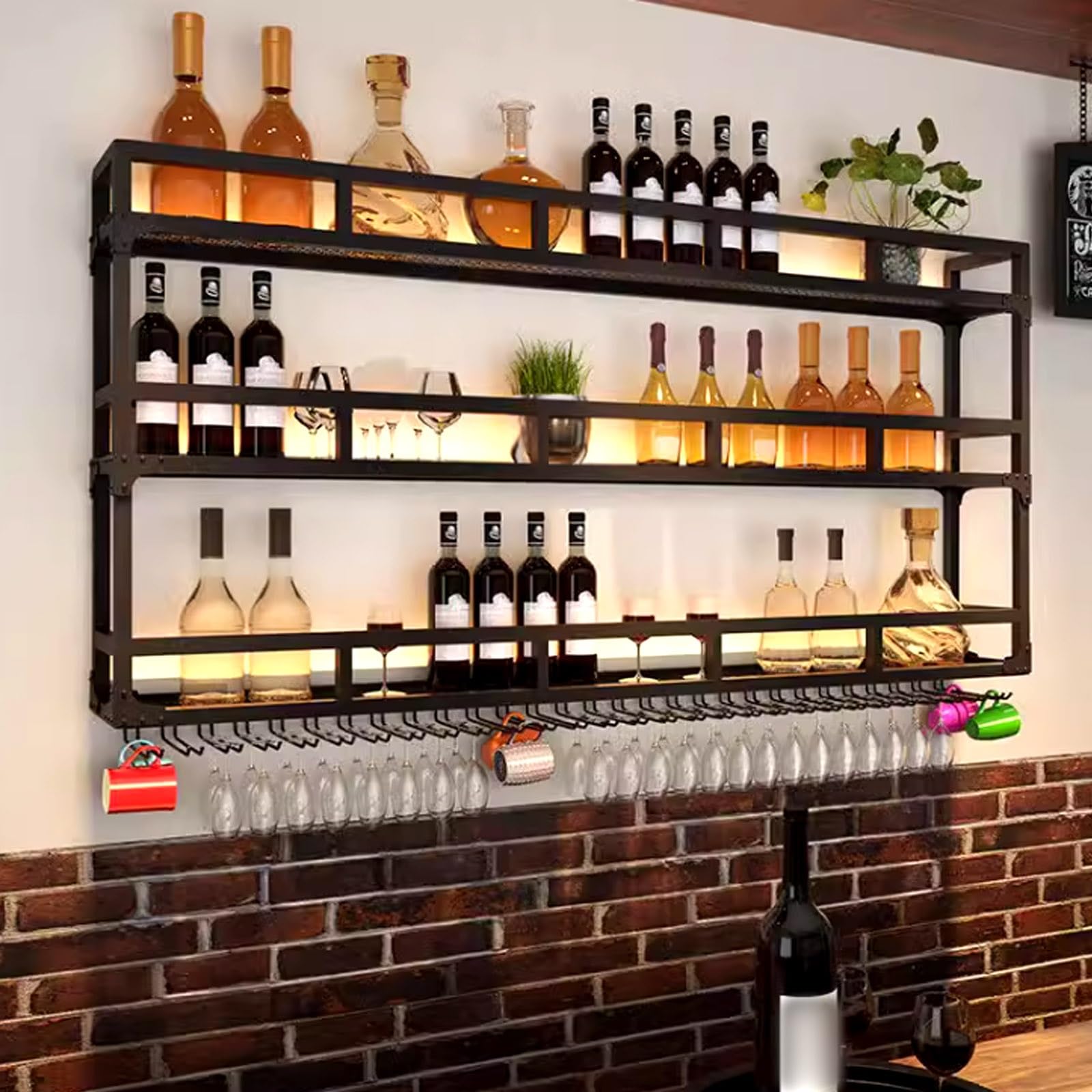 YUANCHUTOP LED Wine Storage Rack Wall Mounted with Glass Holder, Floating Shelves for Kitchen & Dining Room, Stylish Bar Decor, Space-Saving Wine