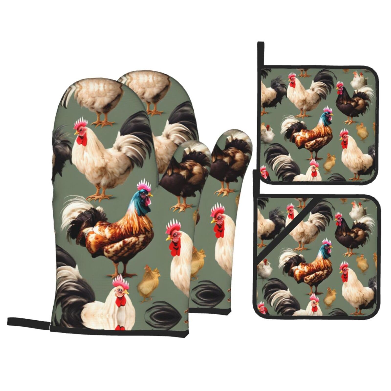 Chicken And Rooster Print Print Oven Microwaving Waterproof Kitchen Gloves for Baking Grilling Holiday Cooking