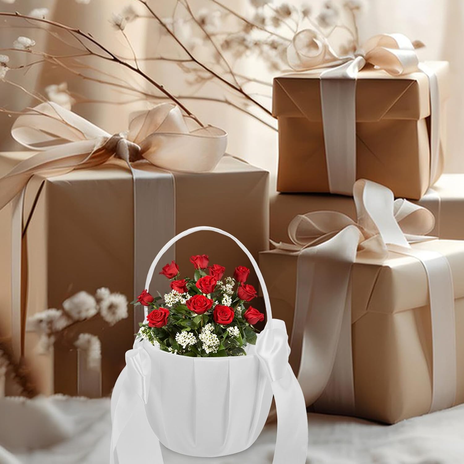 Wedding Flower Girl Basket with Large Bow in Ivory Fabric Petal Basket for Flower with Handle for Ceremony and Reception Decor