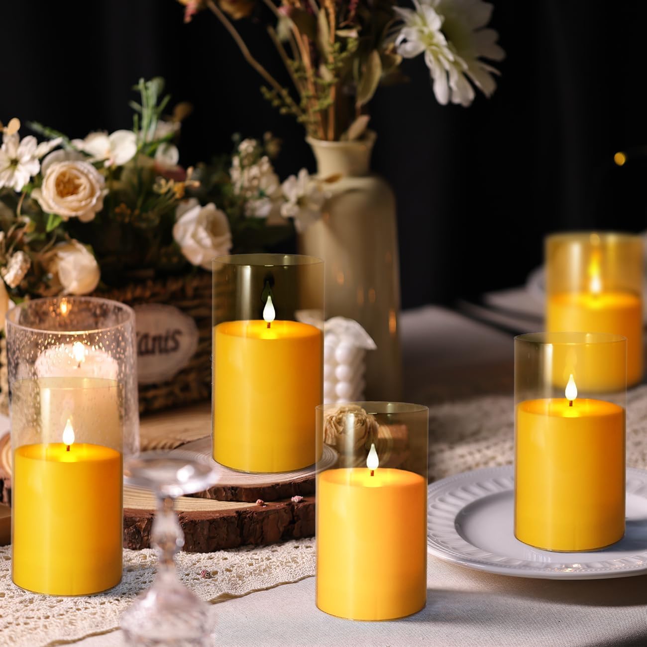 NICEME Amber Flickering Flameless Candles Battery Operated Acrylic LED Pillar Candles with Remote Control and Timer Flameless Halloween Candles for Thanksgiving Christmas New Year Home Decor, Set of 5 - Image 2