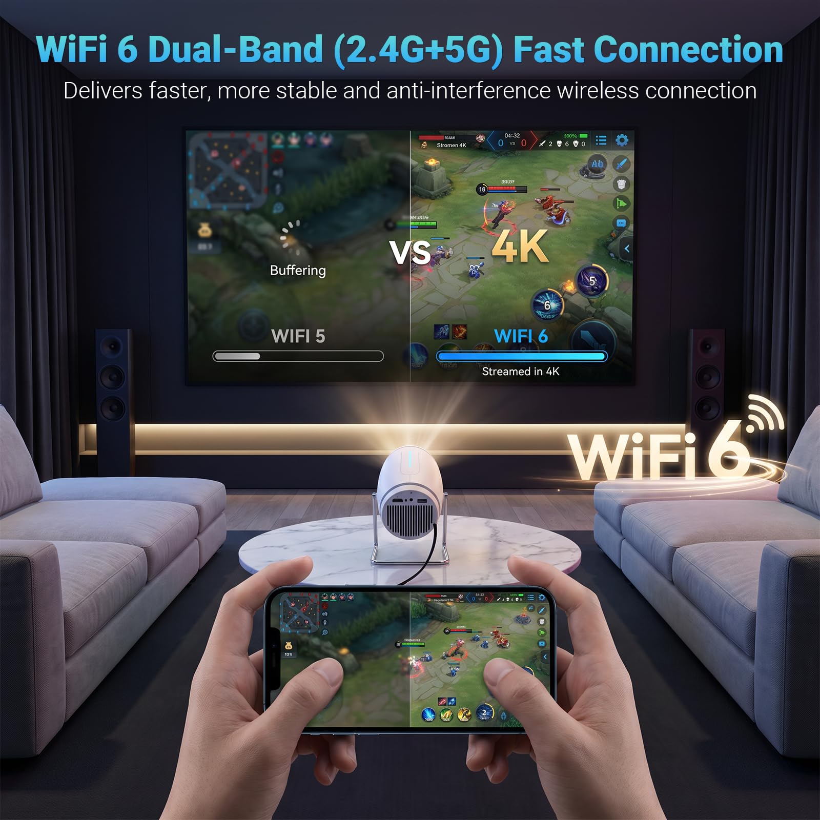 【Built-in APPS】Mini Projector With Wifi And Bluetooth, 1080P 4K Support Portable Projector, Movie Projector for Bedroom, Compatible with Smartphones/TV Stick/iPad/PS5/Laptop/HDMI/USB view 6