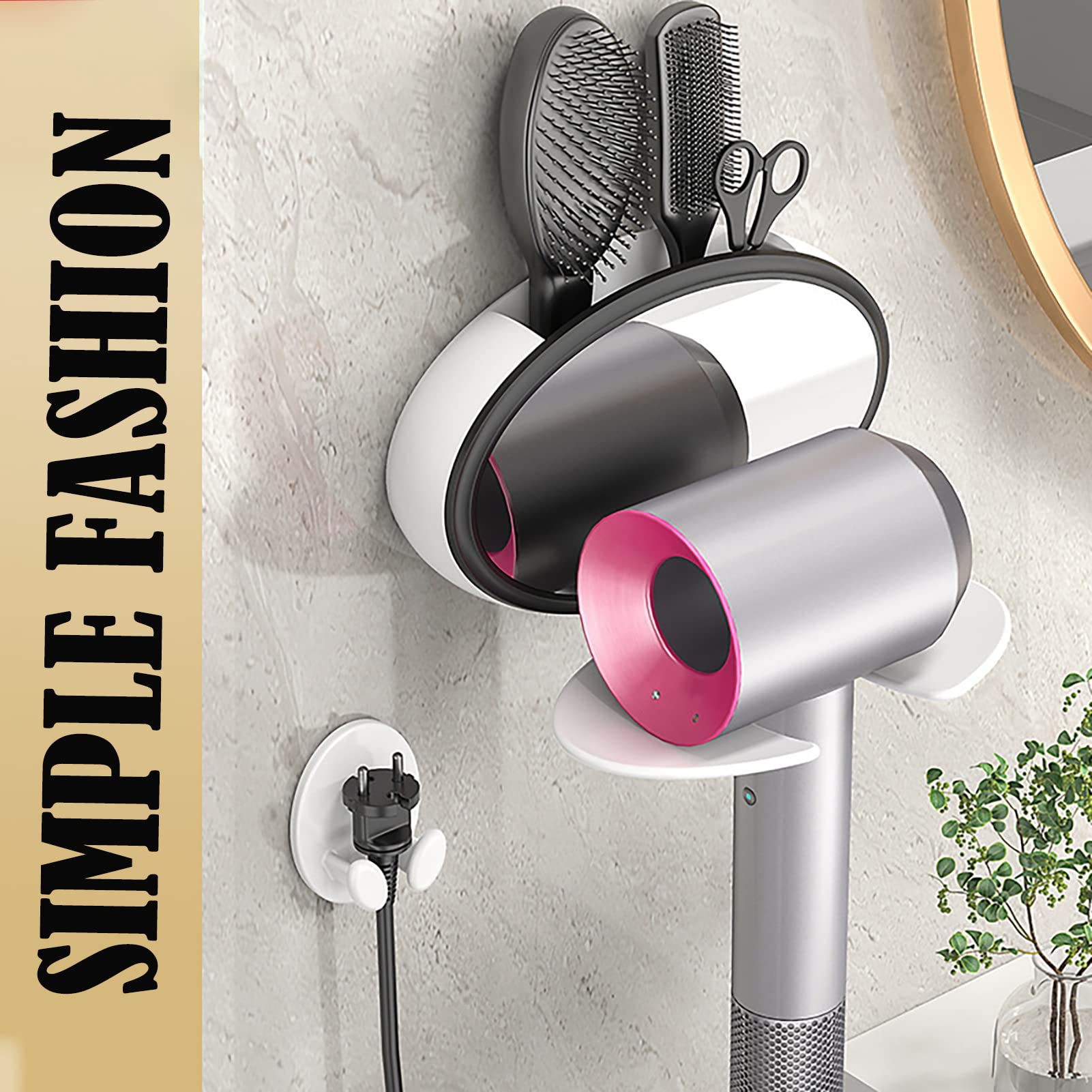 BOZKOA Foldable Hair Dryer Holder Wall Mount,Hair Blow Dryer Rack with Mirror,Adhesive Hair Dryer Storage,Hair Tool Organizer for Curling Iron,White Hair Dryer Support and Hair Dryer Shelf
