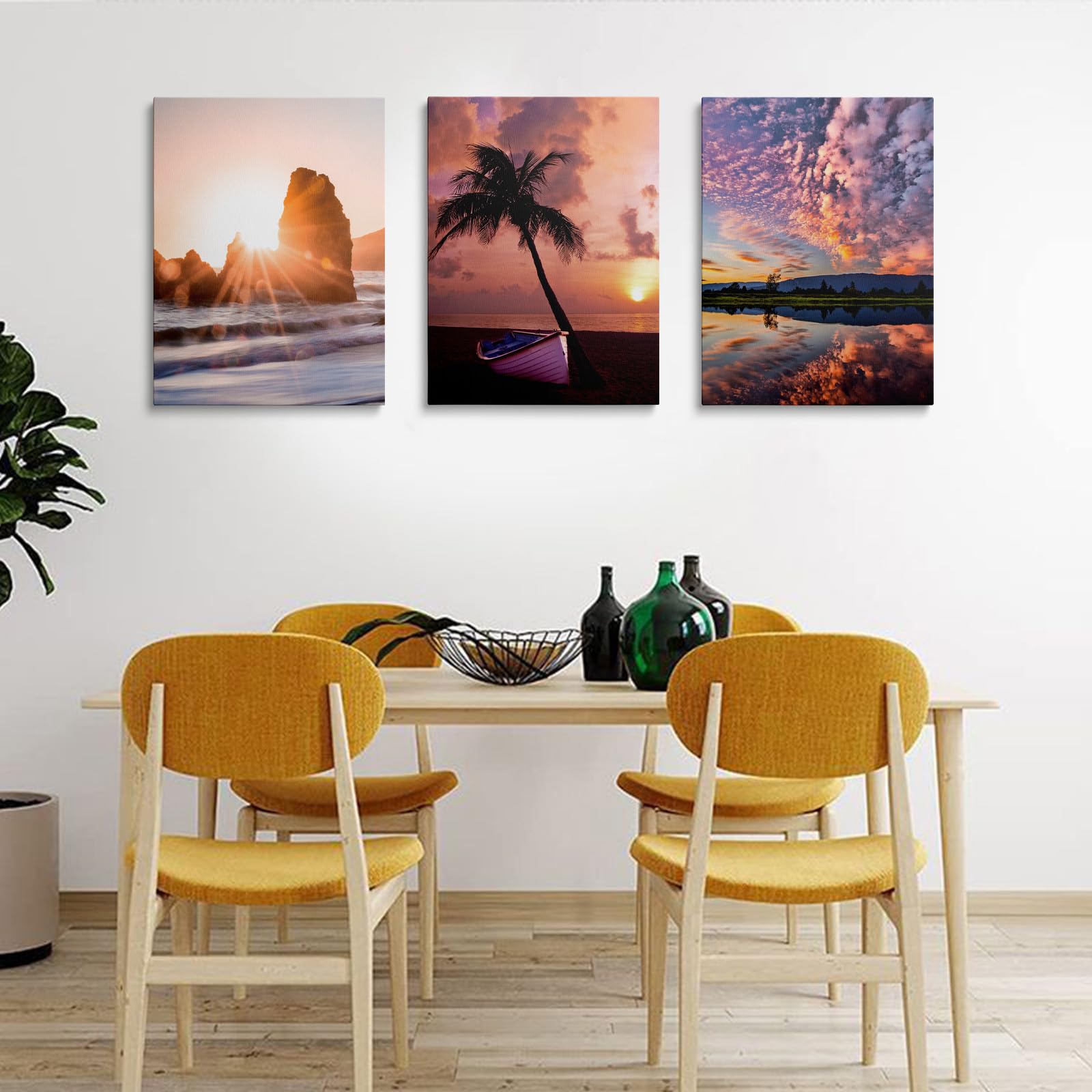 prinfantasy Canvas Wall Art Bathroom Pictures Sunset Paintings Ocean Landscape Wall Pictures Beach Paintings Modern Seascape Artwork for Living Room Office Home Decorations 30x40cm 3Pcs - Image 4