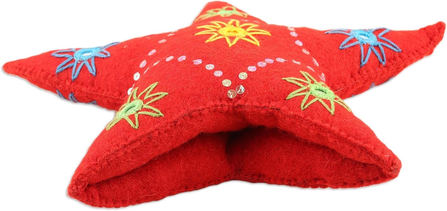 NOVICA Artisan Handmade Embroidered Wool Tree Topper Embellished Felt Holiday Multicolor India Decor Ornaments Christmas Star [11.75in H x 11.75in W x 2.8in D] ' Guiding Light'