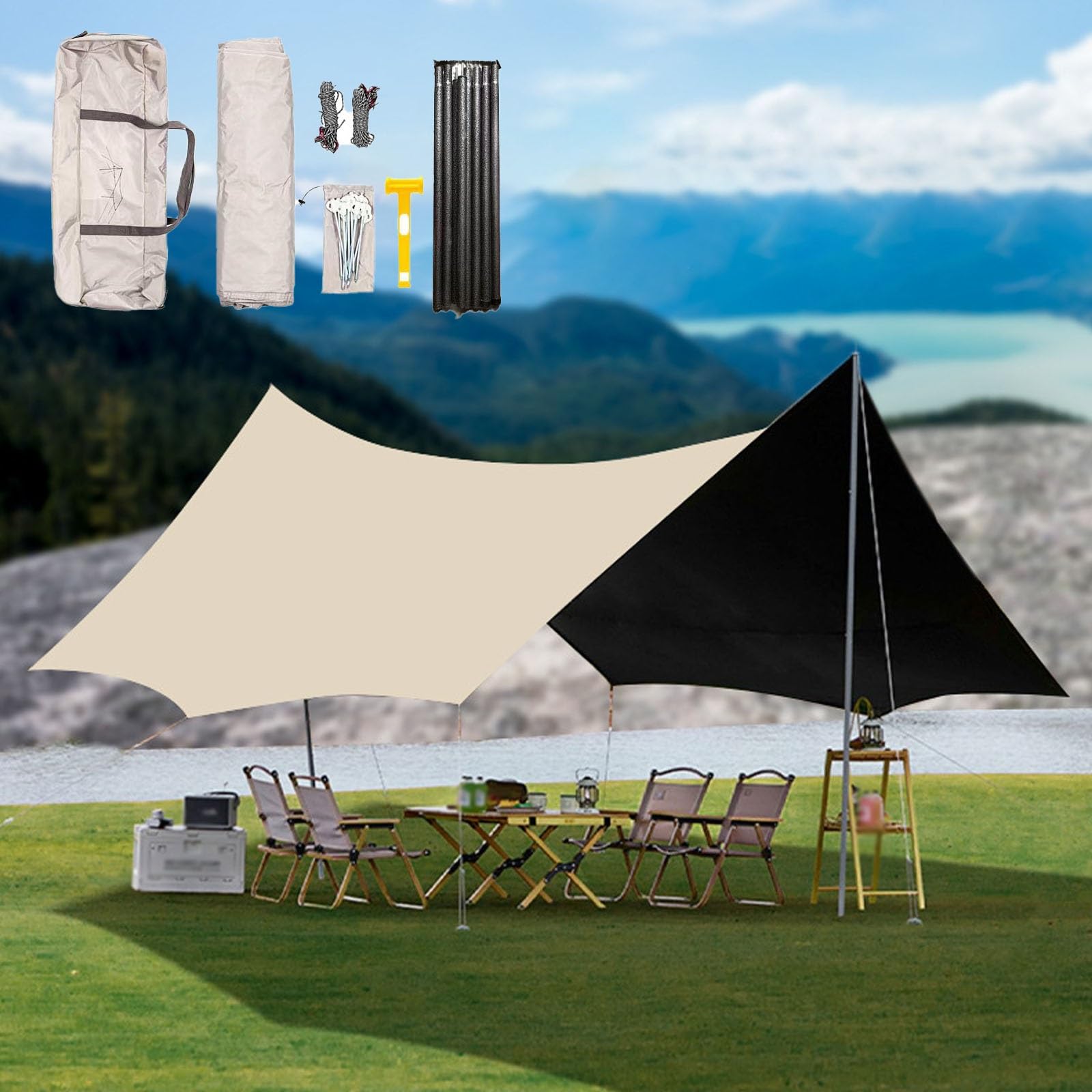 Tarp 5.6x4.4m Wasserdicht, Ultraleicht Camping Zeltplane, Anti-UV Sonnen Regen Schutz Schnee Mit Stangen, Für Camping Picknick Wandern (Color : Beach Gold, Size : 560x440x260mm)