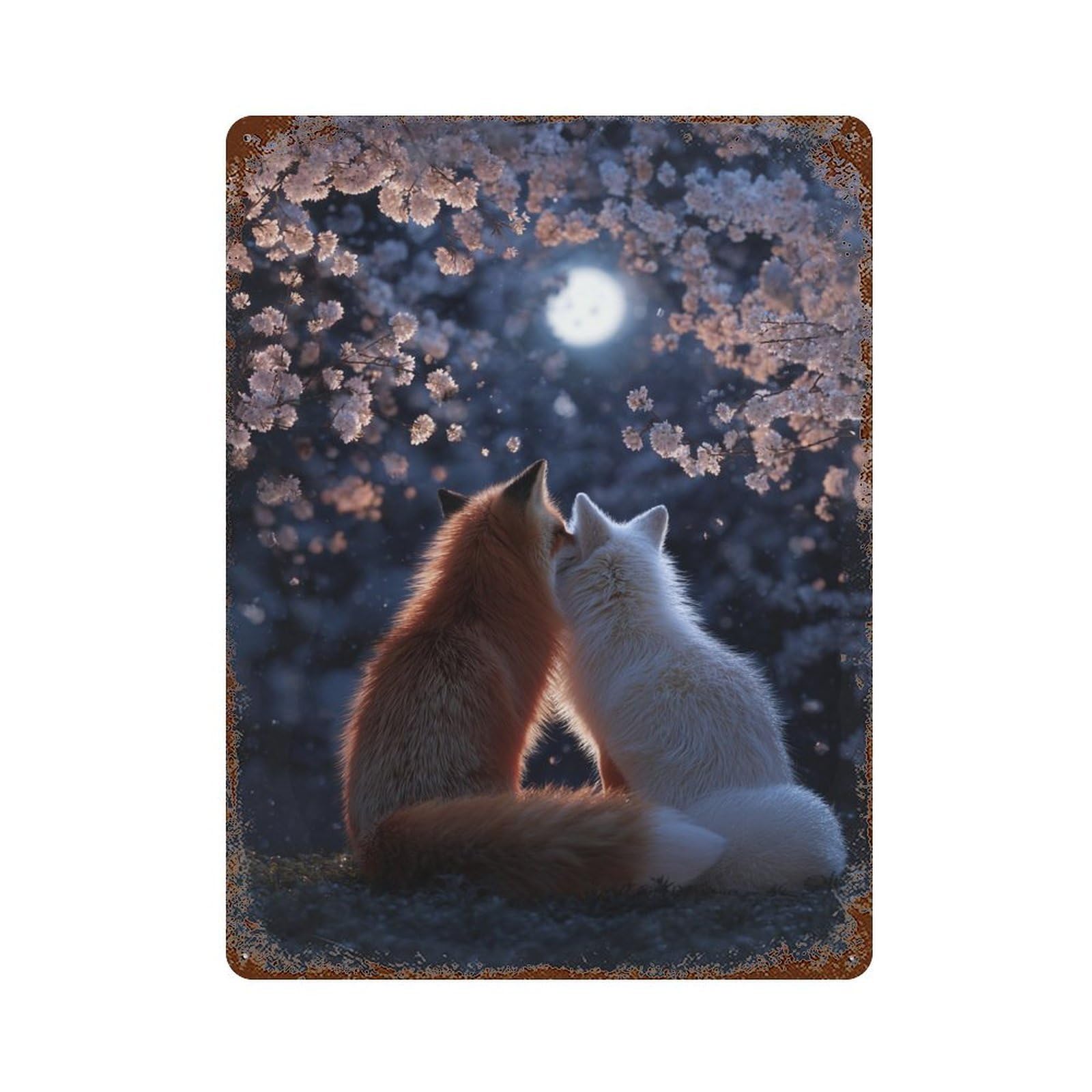Foxes Under Cherry Blossoms Rusty Metal Tin Sign 15.7"x11.8", for Pub, Kitchen And Man Cave Decor, Novelty Wall Decor