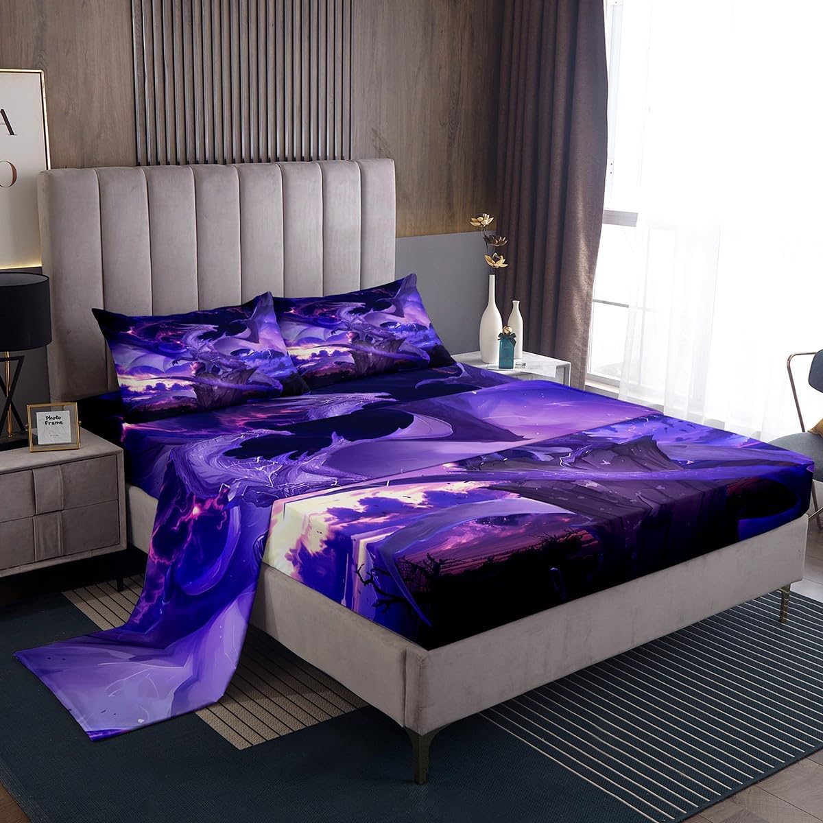 Manfei Purple Dragon Bed Sheet Queen Set,Gothic Flying Animal Wings Ancient Theme Sheets Sets Bedroom Decor,Mystic Lightning Sky Psychedelic Bedding Set with Flat,Fitted Sheet,2 Pillow Cases