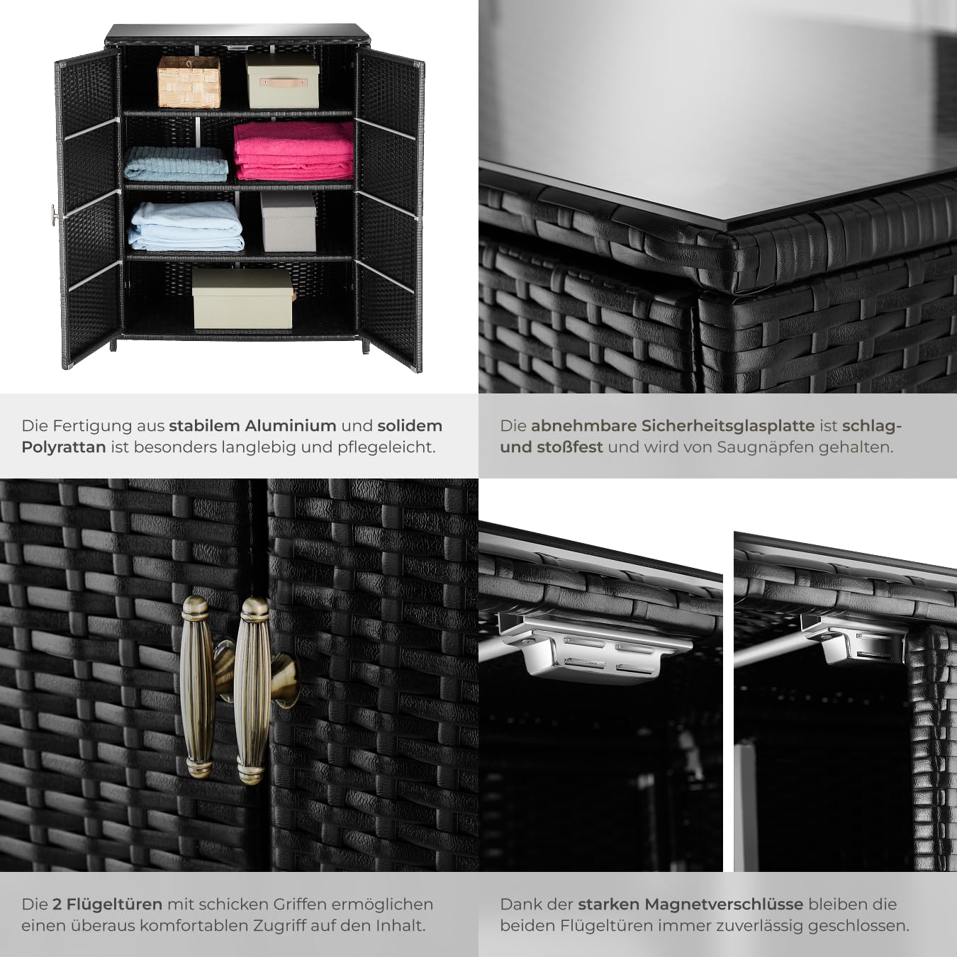 tectake Rattan Gartenschrank mit Aluminium Gestell, Outdoor Schrank, Auflagenbox, Terrassenschrank, Aufbewahrungsschrank Garten