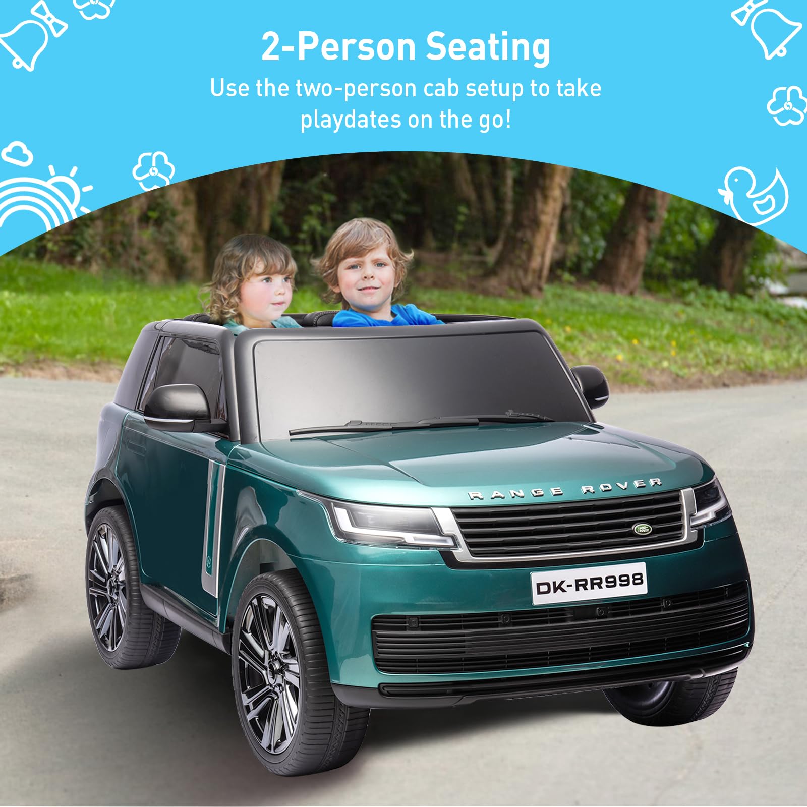 PioneerWorks 24V Officially Licensed Land Rover Ride On Car, 2-Seater w/Parent Remote Control, 3 Speeds, Wireless Music, Spring Suspension, LED Lights, Electric Car for Kids 37-95 Month, Lake Green