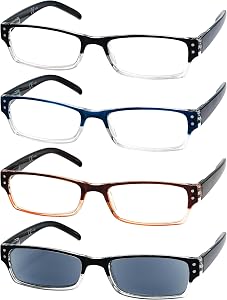 Eyekepper 4-pack Spring Hinges Rectangular Reading Glasses Includes Sunshine Readers