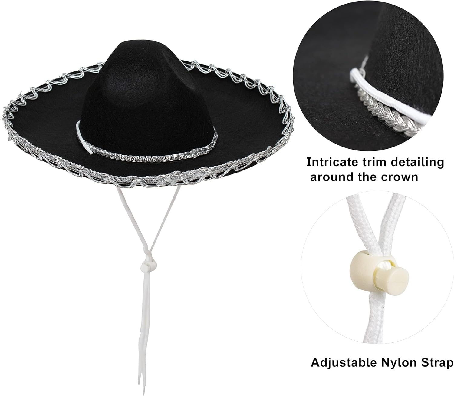 GiftExpress 2 Pack Black Mariachi Sombrero Hat with Silver Trim, Sombrero for Cinco de Mayo, Halloween Costume, Mexican Fiesta Costume - Image 6