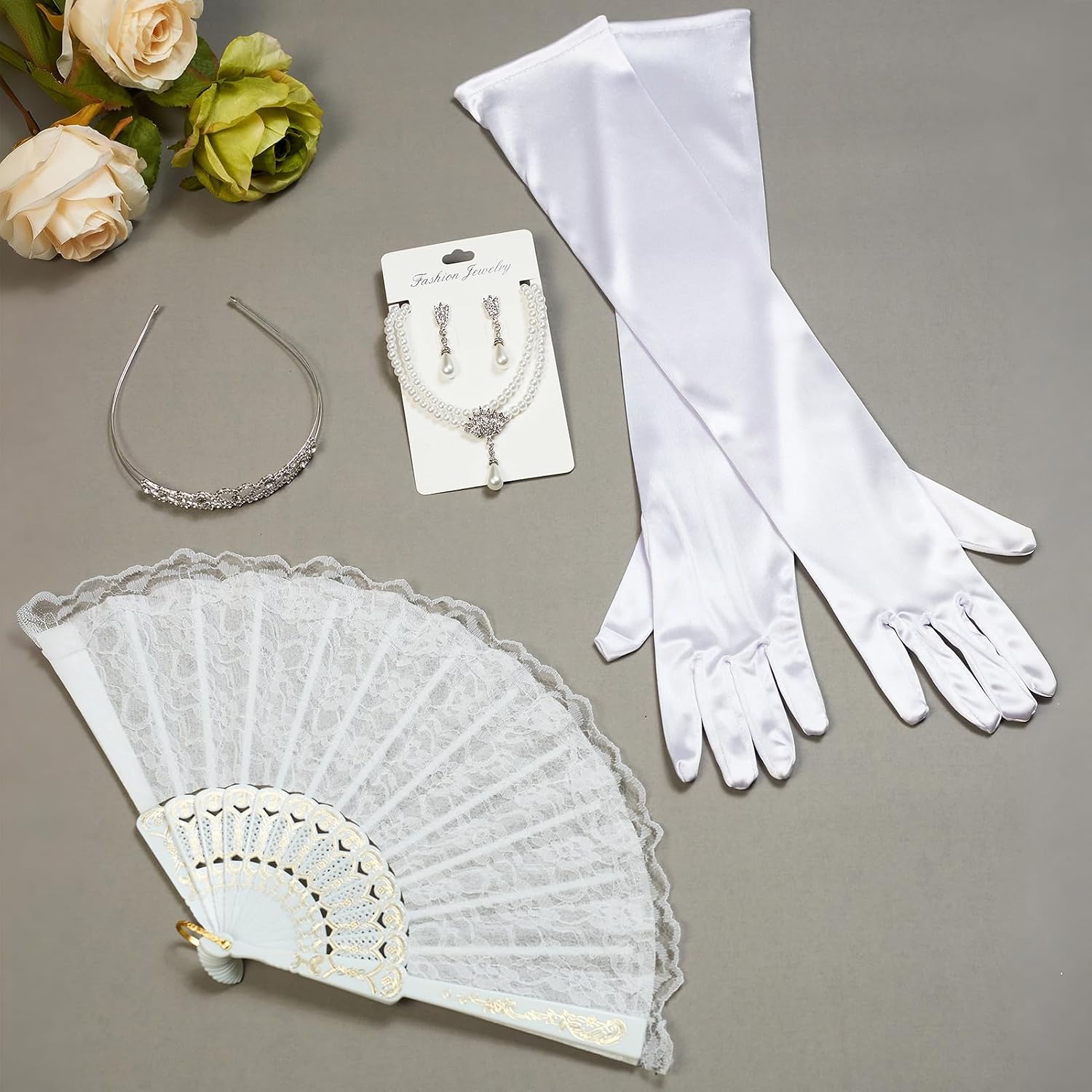 Regency Accessories Women - 5 Pcs Regency Era Costume Accessories Set,Including Crown,Opera Gloves,Pearl Necklace&Earrings and Folding Fan