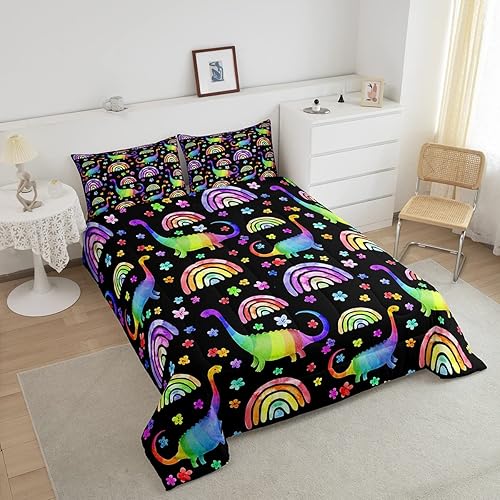 Miniatura 3 de Erosebridal Juego de ropa de cama de dinosaurio para niños, juego de edredón de arcoíris para niñas, juego de edredón de flores coloridas, juegos de