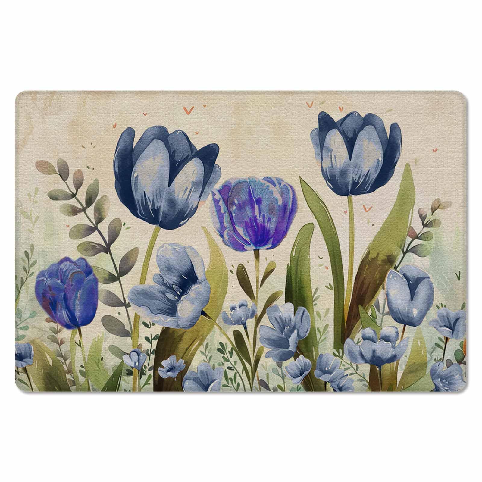 Floral Blue Antifatigue Kitchen Bath Door Mat Cushioned Runner Rug,Washable Welcome Floor Sink Mat,Waterproof & Non-Slip Kitchen Standing Doormat,Retro Spring Summer Tulip Eucalyptus Painting 18