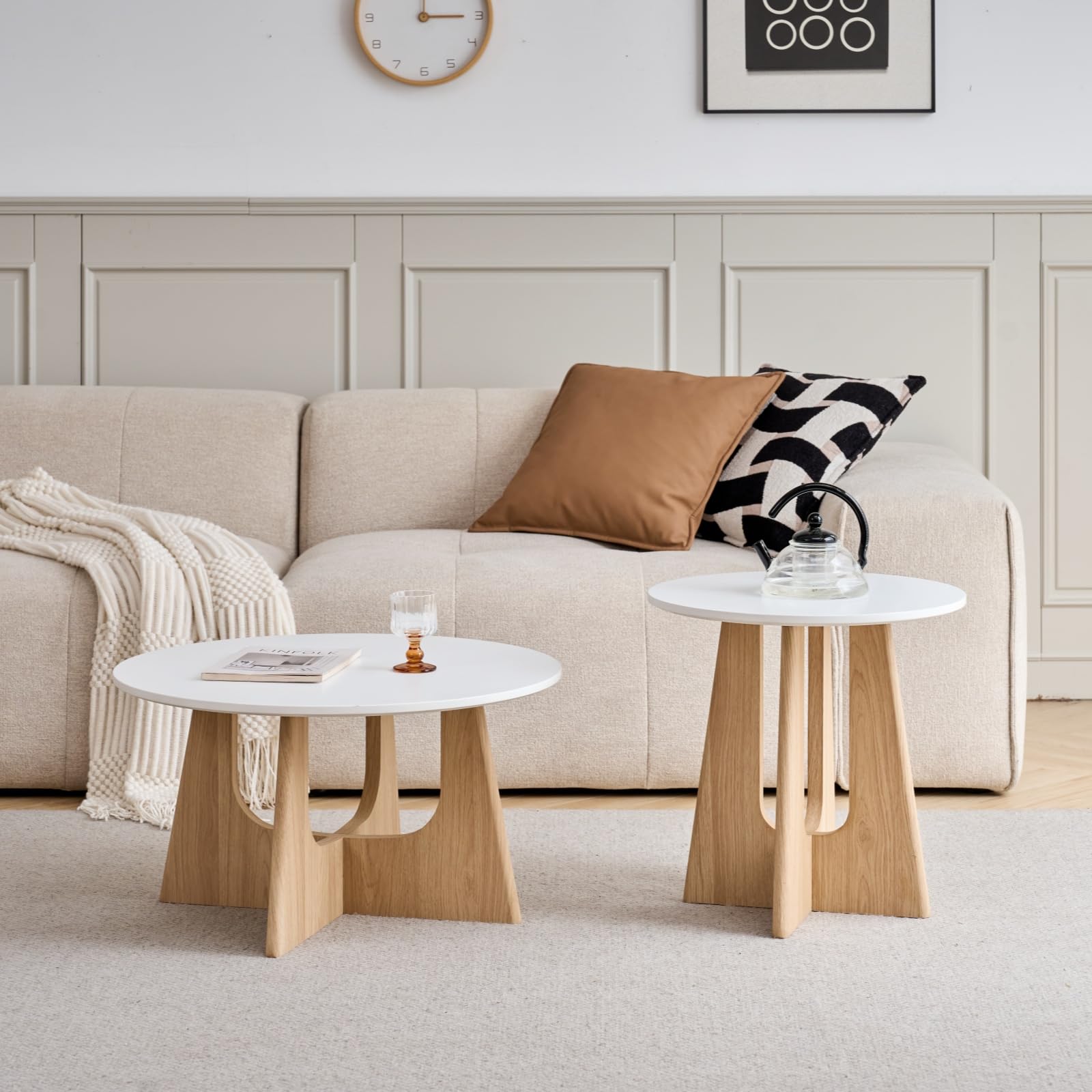 GrandCA HOME Set di 2 Tavolino Rotondo da Caffè, Tavolino da Soggiorno in Stile Minimalista Moderno, Materiale in Fibra di Legno a Media Densità, Adatto per Soggiorno, Camera da Letto - Bianco