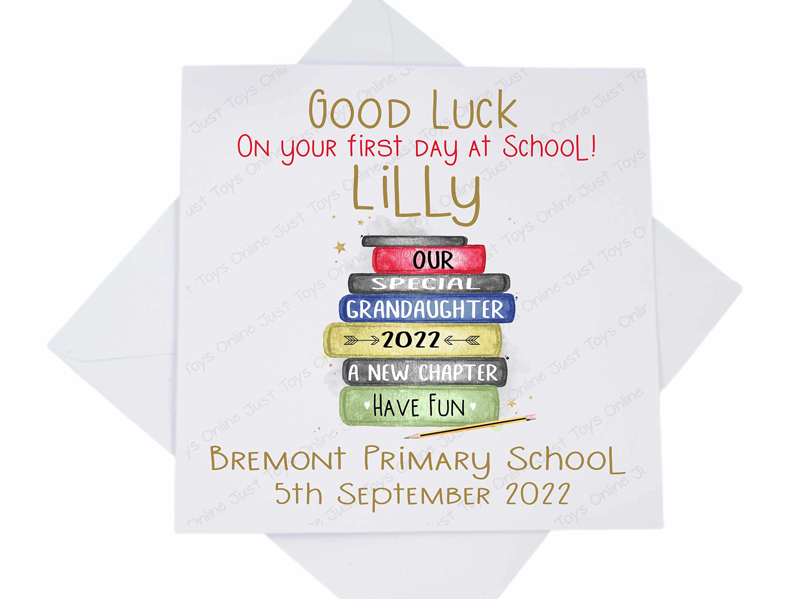 Just Toys Online Personalised Custom Good Luck First Day at School Card, Starting Primary Son Daughter Grandson Granddaughter, Rainbow Bookstack Verse, white, 5.8mm square