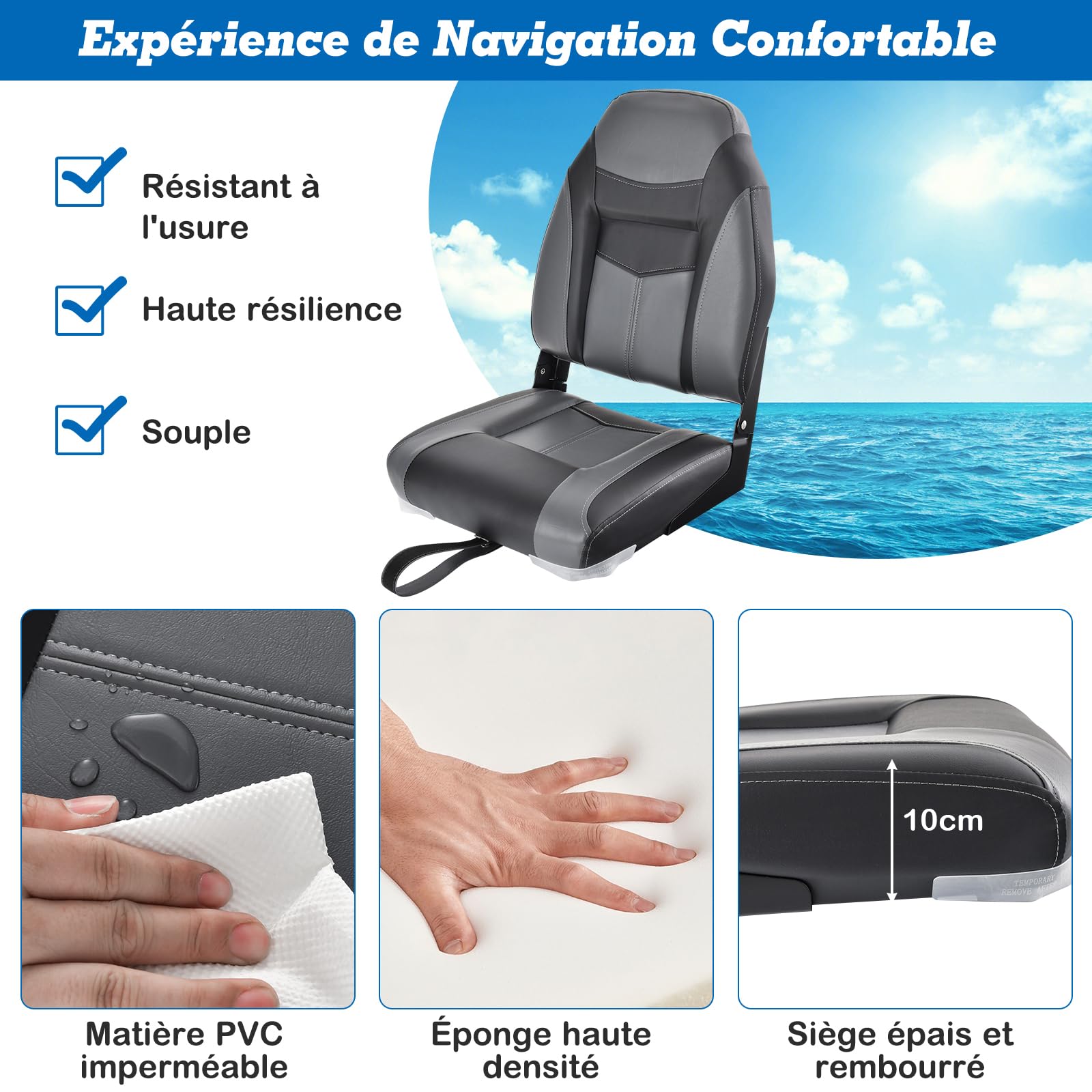 GYMAX Asiento de Barco de Respaldo Alto, Cómodo Asiento con Cojín de Espuma de Alta Densidad, Asiento de Capitán de Barco Plegable con Bisagras Flexibles, Universal (Negro, 44 x 50 x 60 cm - 1 PC)
