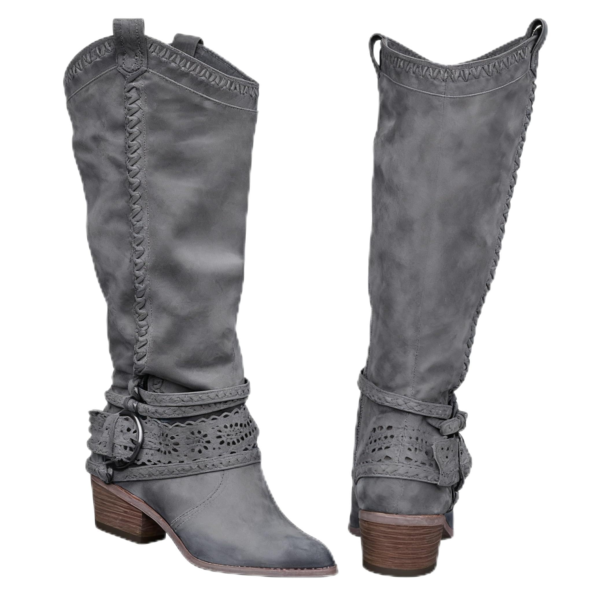 Vintage Long Boots With Side Zip Comfortable Boho Leather Knee High Boots Boot Chunky Block Mid Heels Fashion