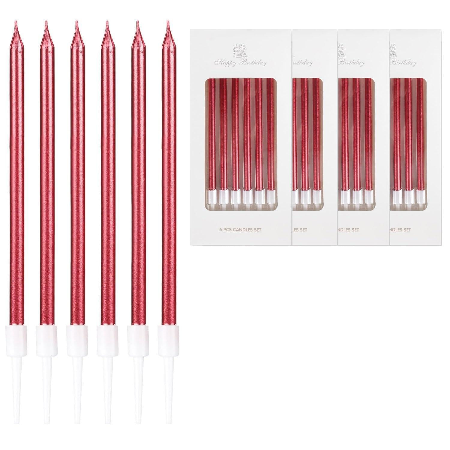 Set of 24 Exquisitely Decorated Birthday Candles, Birthday Cake Candles, Elegant Party Decorations, Ideal for Decorating Cakes at Birthdays and Weddings (Red)