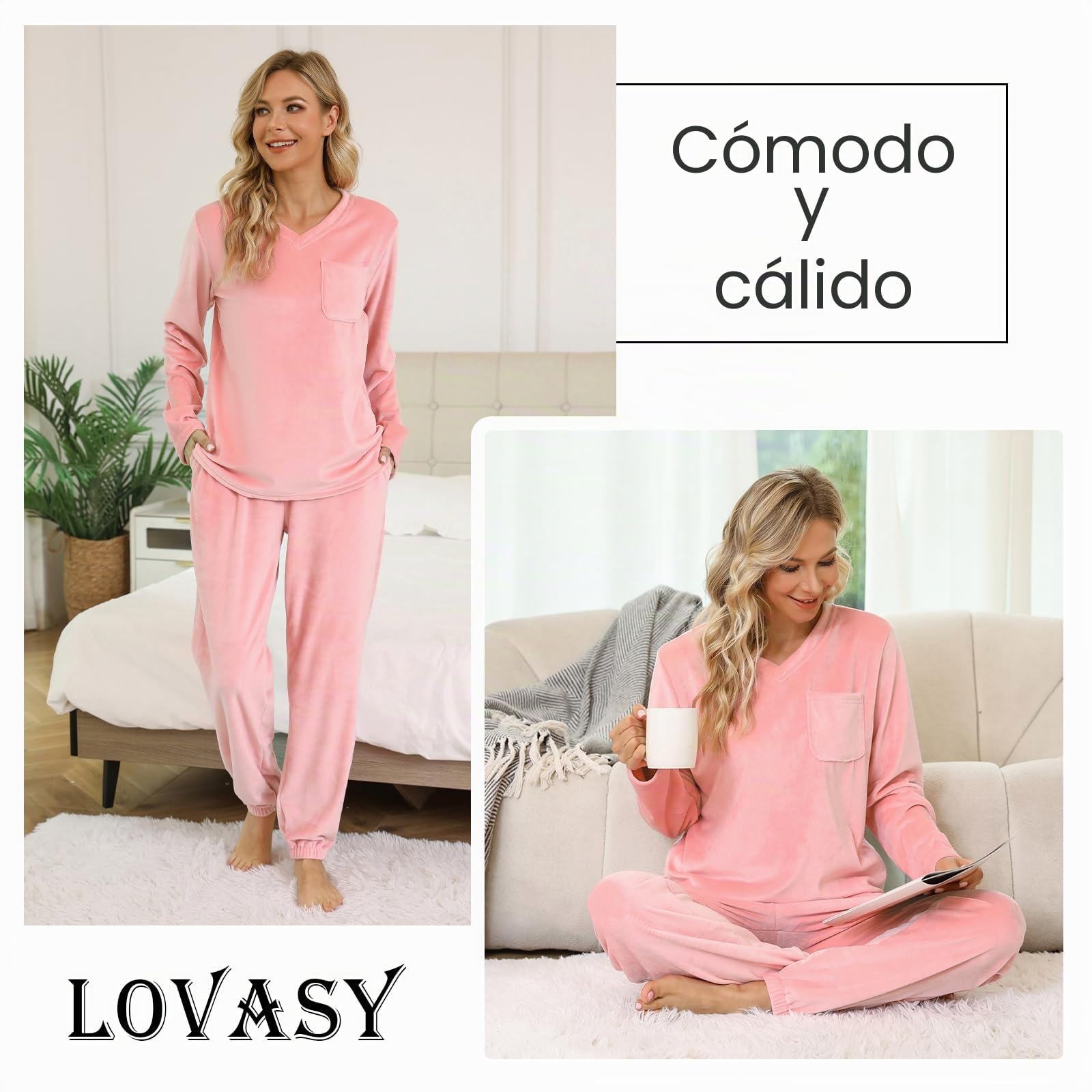 Lovasy Pijamas Mujer Invierno Polar Pijama de Franela Mujer Manga Larga Conjunto 2 Piezas
