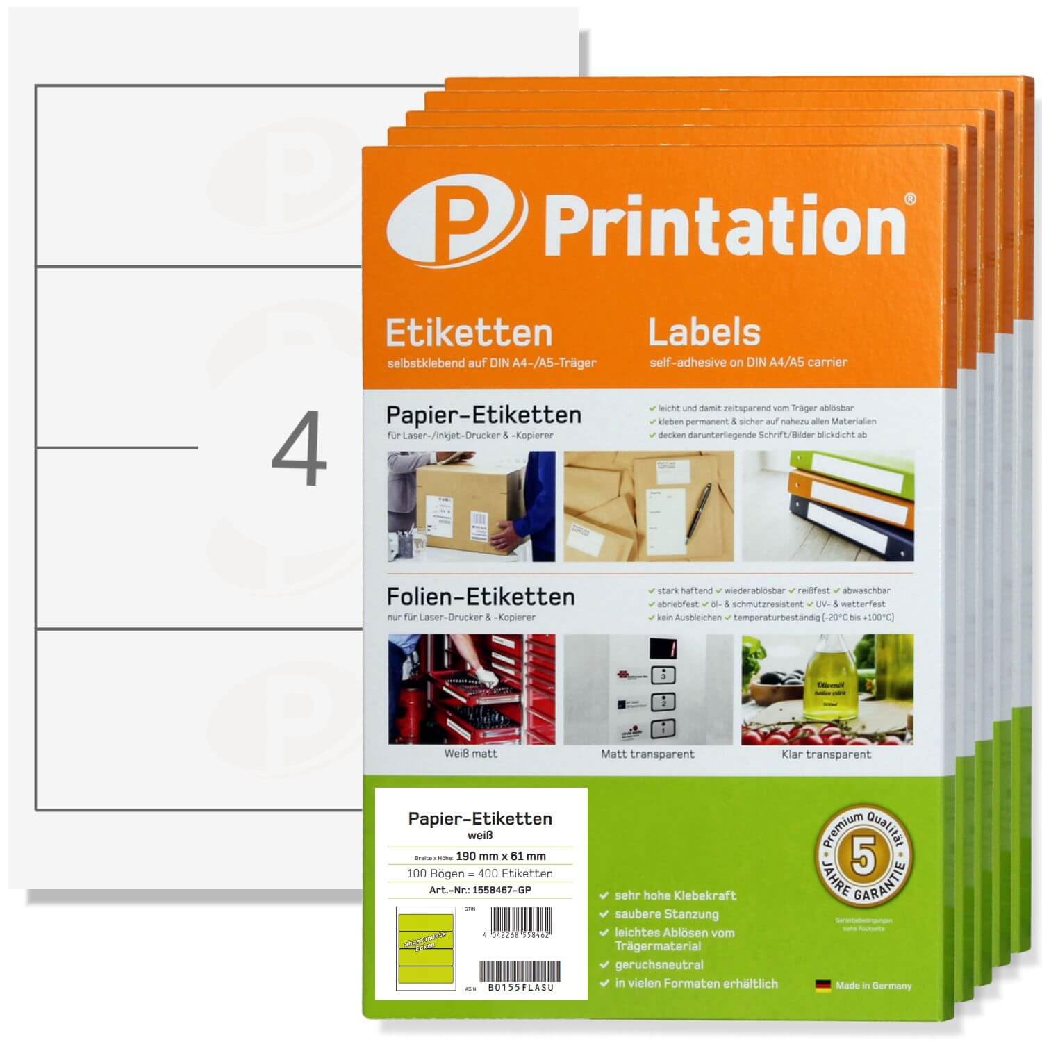 Printation Ordneretiketten selbstklebend breit 190 x 61 mm - 2000 Ordner Rückenschilder selbstklebend weiß bedruckbar - 500 DIN A4 Bogen 1x4 190x61-4 Ordnerrücken Aufkleber pro A4 Bogen Etiketten