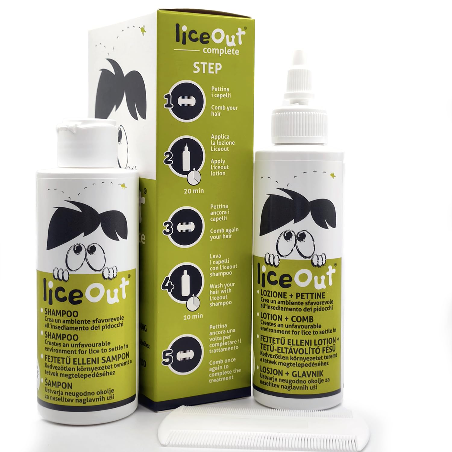 LICEOUT Shampoo e Lozione Pidocchi Bambini. 2x125ml+Pettine | Trattamento Naturale e completo contro lendini e uova. Senza pesticidi. Include il pettine speciale per la rimozione