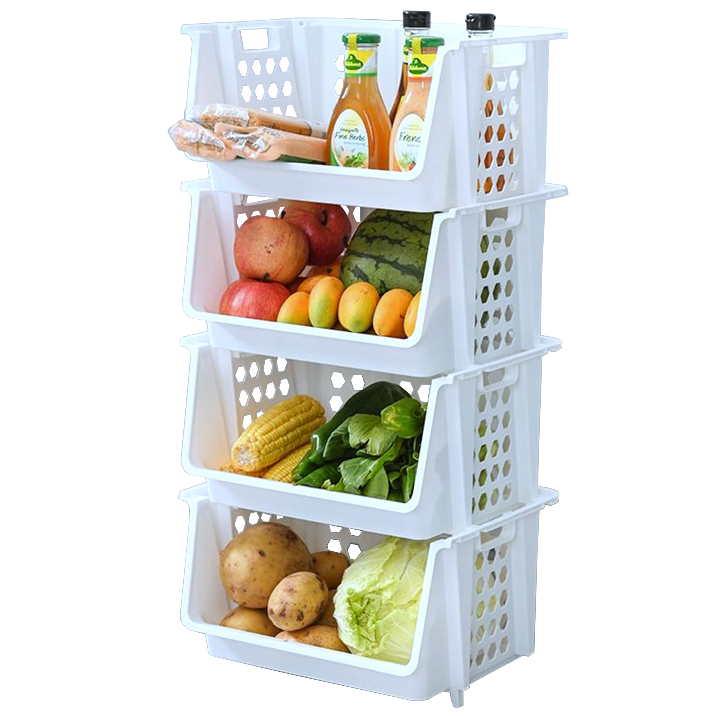 SkywinPlastic Stackable Storage Bins for Pantry - 4-Pack Medium Stackable Bins For Organizing Food, Kitchen, and Bathroom Essentials (White)