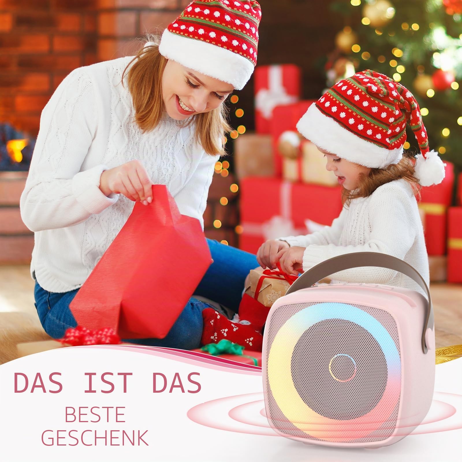 Karaoke Maschine 2 Mikrofone für Jungen Mädchen, tragbare Bluetooth-Lautsprecher mit dynamischen Lichtern für Kinder Erwachsene Mini Voice Changer Mikrofon Lautsprecher Set mit Telefonhalter