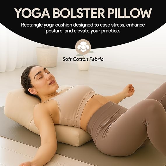 Rectangular Yoga Bolster Pillow for Meditation, Yoga & Back Support Soft Meditation Cushion with Removable Hand Wash Cotton Cover & Carry Handle (beige)