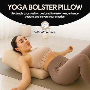 Rectangular Yoga Bolster Pillow for Meditation, Yoga & Back Support Soft Meditation Cushion with Removable Hand Wash Cotton Cover & Carry Handle (beige)