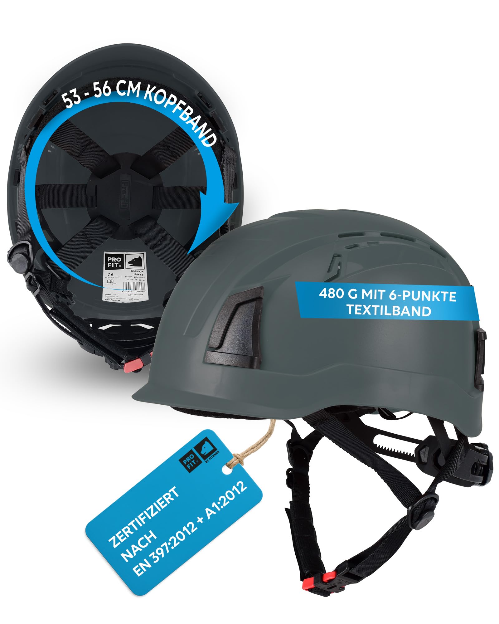 PRO FIT Arbeitsschutzhelm D!-Rock - Belüfteter Bauhelm mit Drehrad - 53-56 cm Kopfband - 30 mm Stecktaschenhalterung - Für die Baustelle
