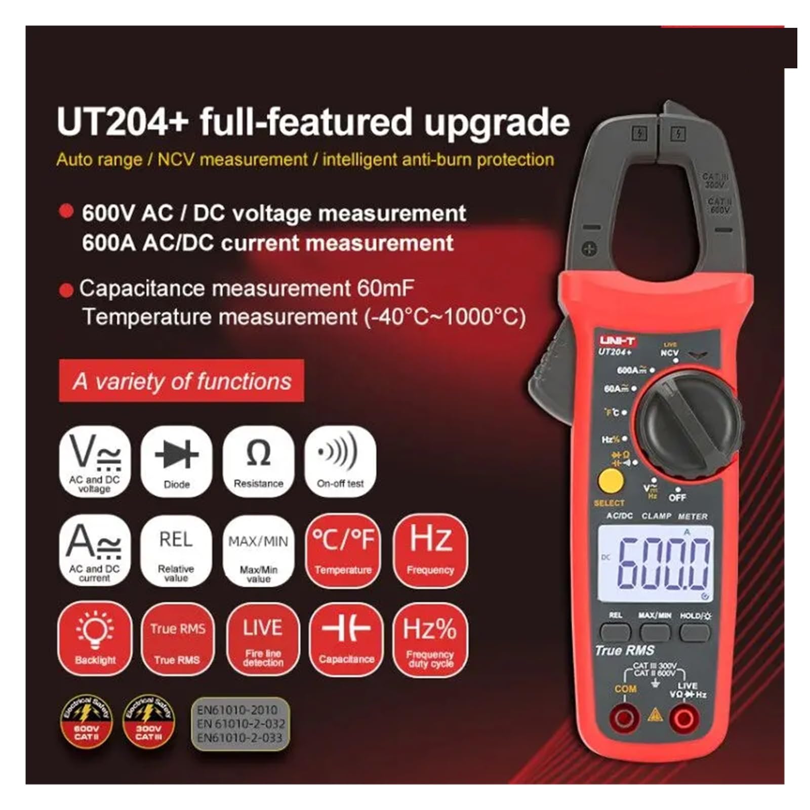 UT204+ UT202A+ 600A Pinza amperometrica digitale True RMS AC DC | Misura corrente AC DC e valori elettrici senza scollegare i circuiti per manutenzione e diagnosi(UT204 Plus)