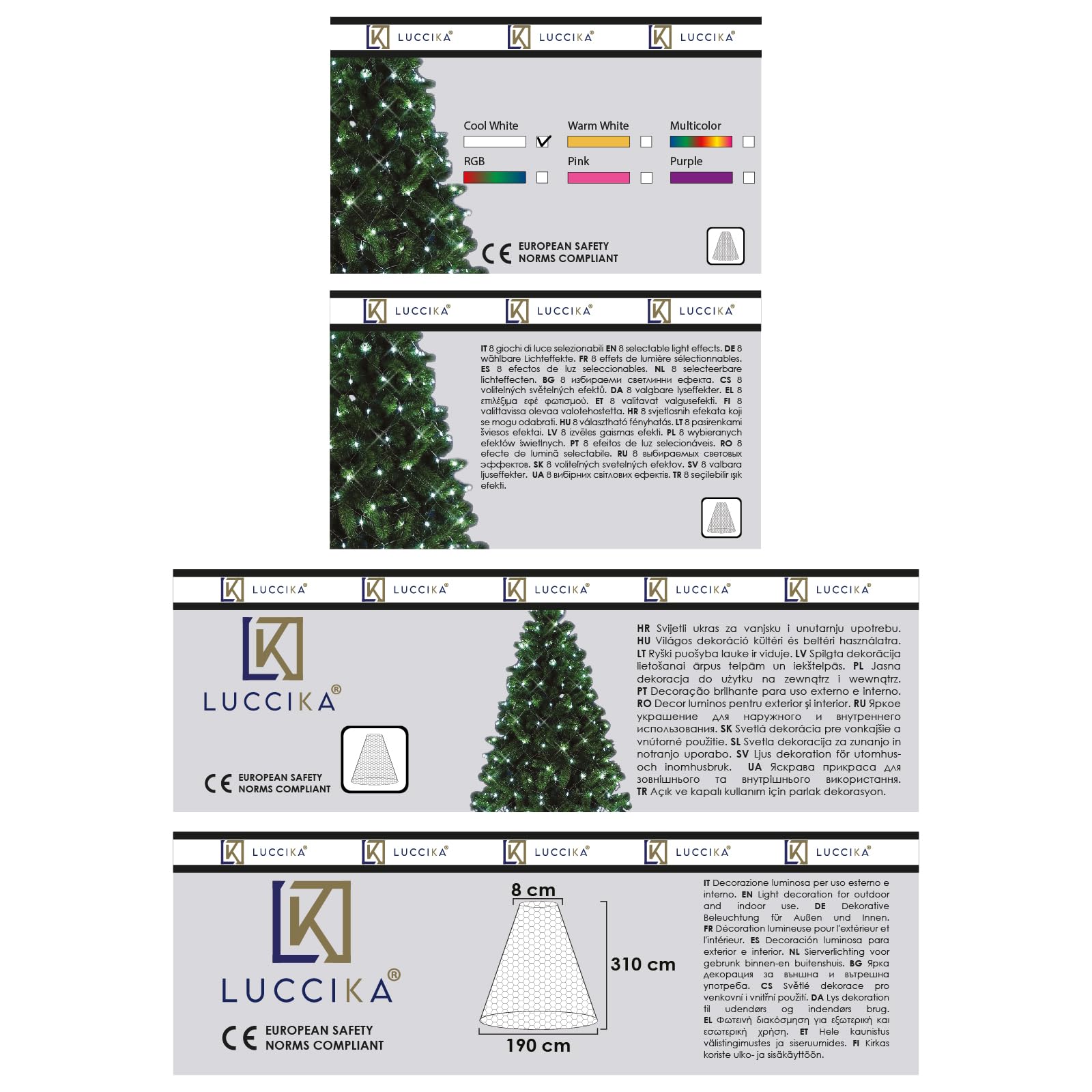 LUCCIKA® LED-Weihnachtsbaum-Umhang, Netz, für Innen- und Außenbereich, mit Speicher und 8 Lichtspielen (Warmweiß, 288 LEDs - für Bäume von 230 bis 290 cm Höhe)