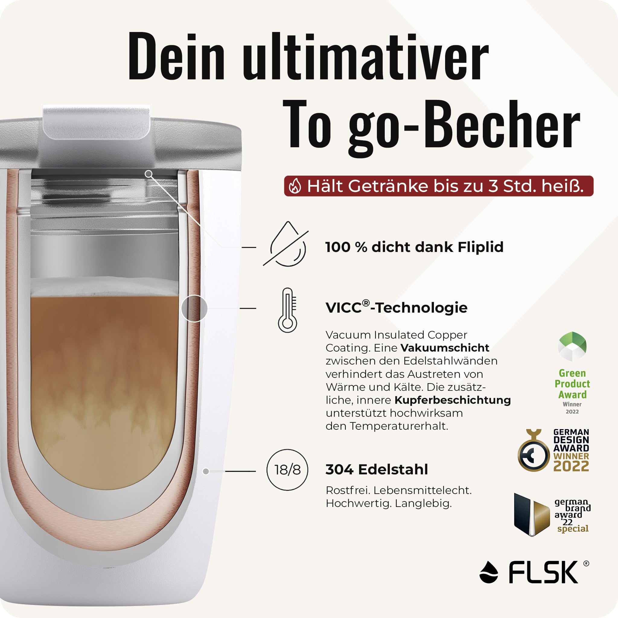 FLSK Next Gen Essentials Cup To Go - Vaso reutilizable de acero inoxidable (350 ml, 500 ml) - 3 h caliente y 3 h frío, a prueba de fugas, apto para lavavajillas, incluye embalaje sin árboles
