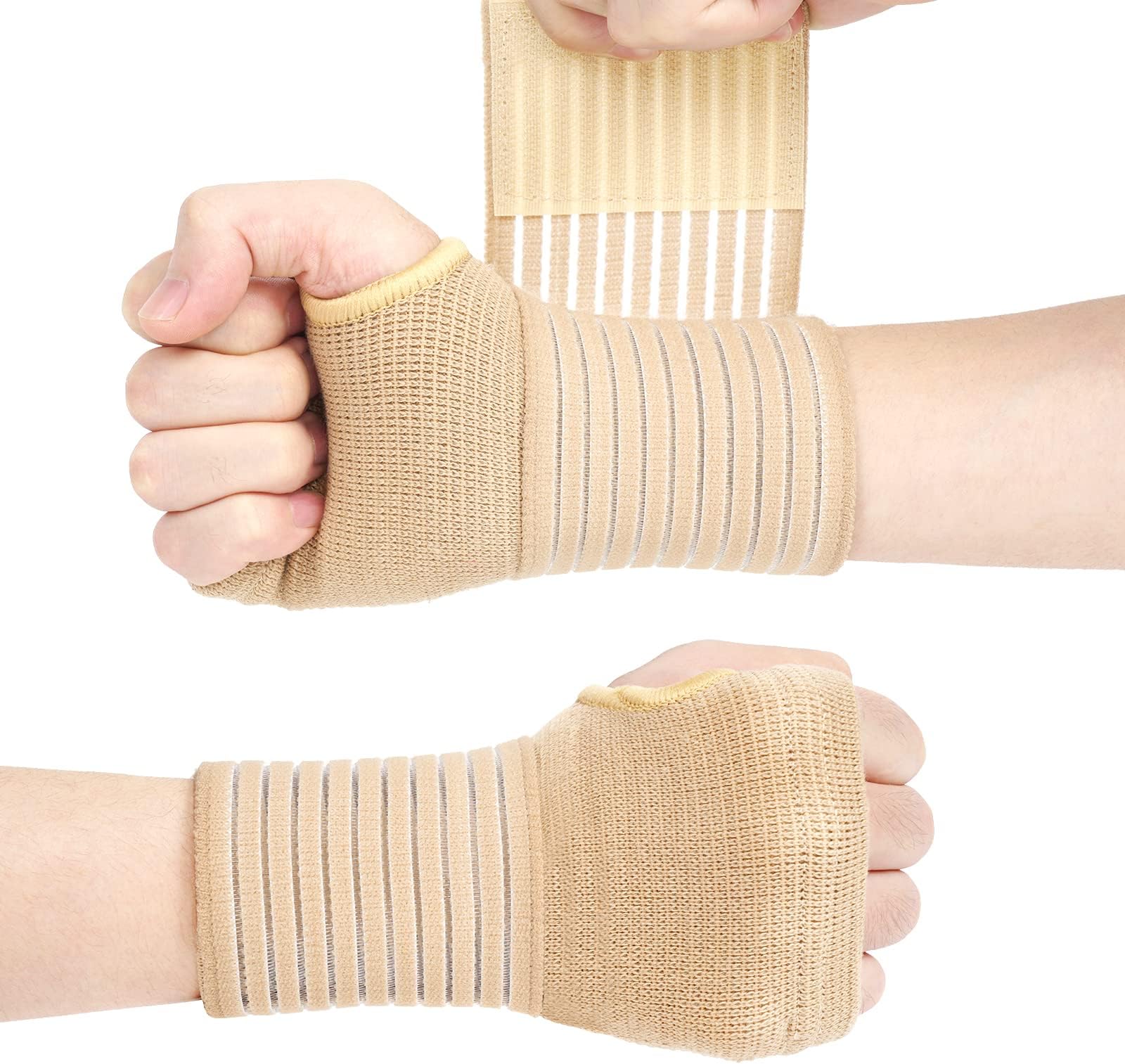 ACWOO Wrist Brace, 2 Pack Elastic Wrist Support with Strap, Wrist Compression Wrap Adjustable Wrist Strap Relieves Wrist Pain, Tendonitis, Sports Use for Men and Women, Right & Left Palm Support Beige
