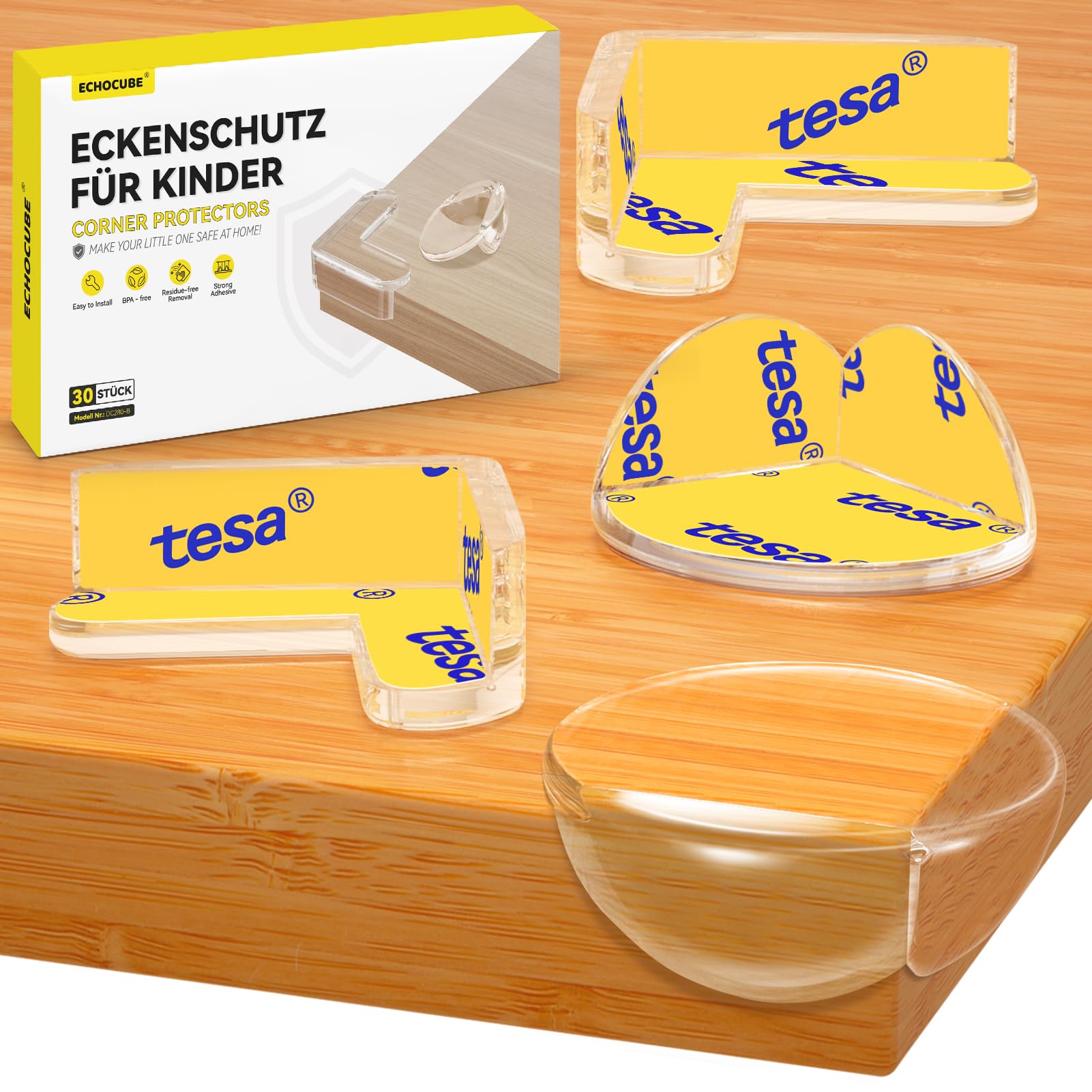 ECHOCUBE 30 Packungen durchsichtige Eckenschützer, Kindersicherheits-Babyschutz-Kantenschützer, Eckenschutz mit tesa-Klebebändern für Tisch, Möbel - L-Form & R-Form