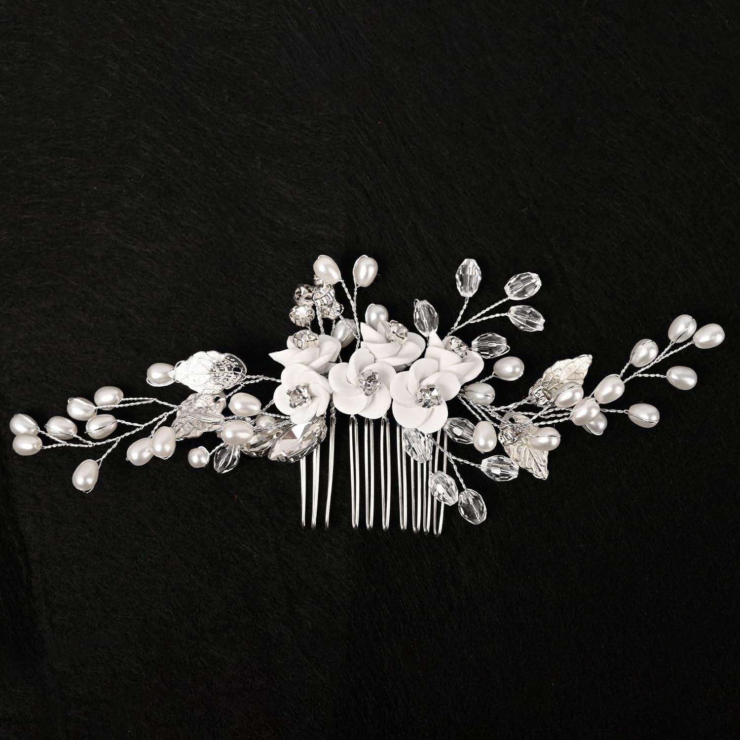 Wedding Hair Accessories for Bride Silver Flower Leaf Hair Comb, Crystal Beaded Side Comb for Women and Girls